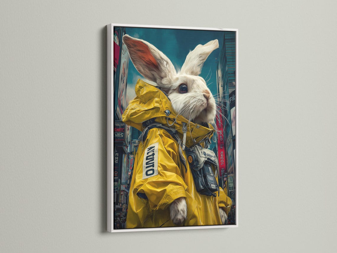 White rabbit wearing a yellow raincoat in a neon cyberpunk city scene detail view