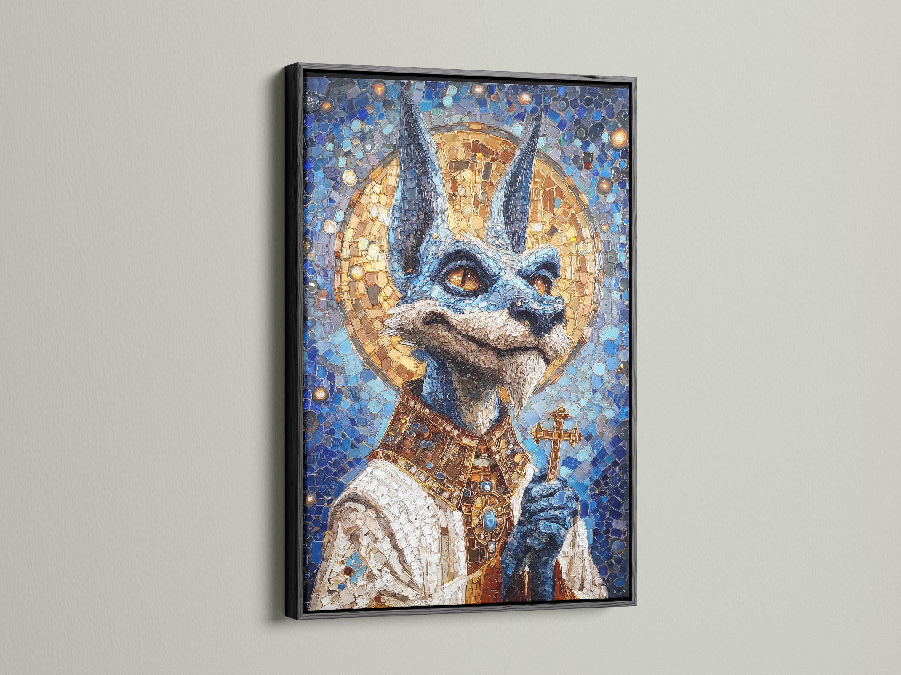Blue and gold mosaic jackal figure with sparkling highlights detail view