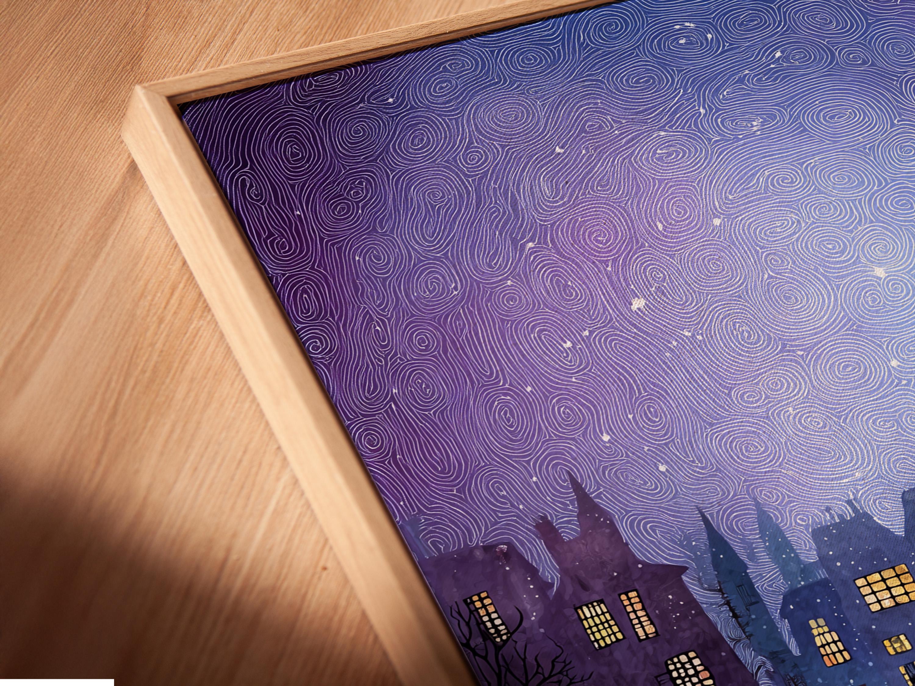 Night cityscape with purple sky, moon glow, black buildings and glowing yellow windows detail view