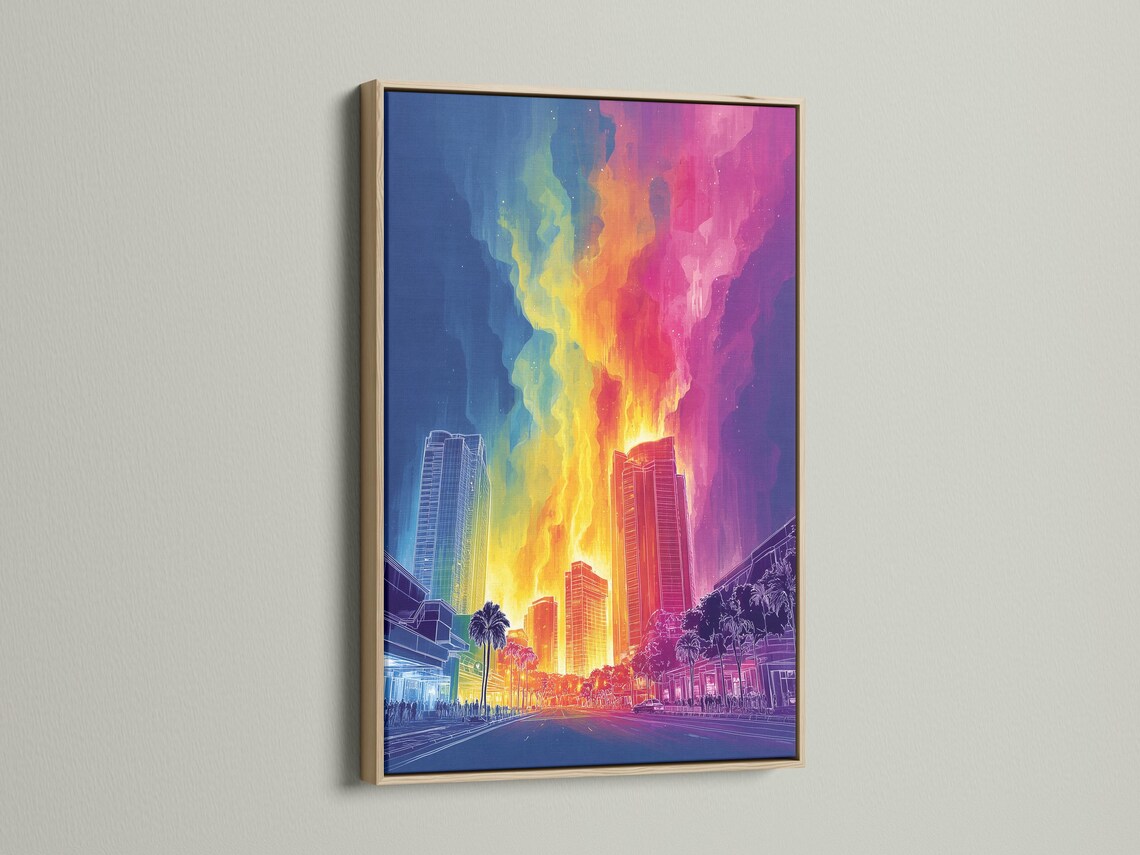 Neon rainbow cityscape skyline with glowing skyscrapers, street perspective and palm trees detail view