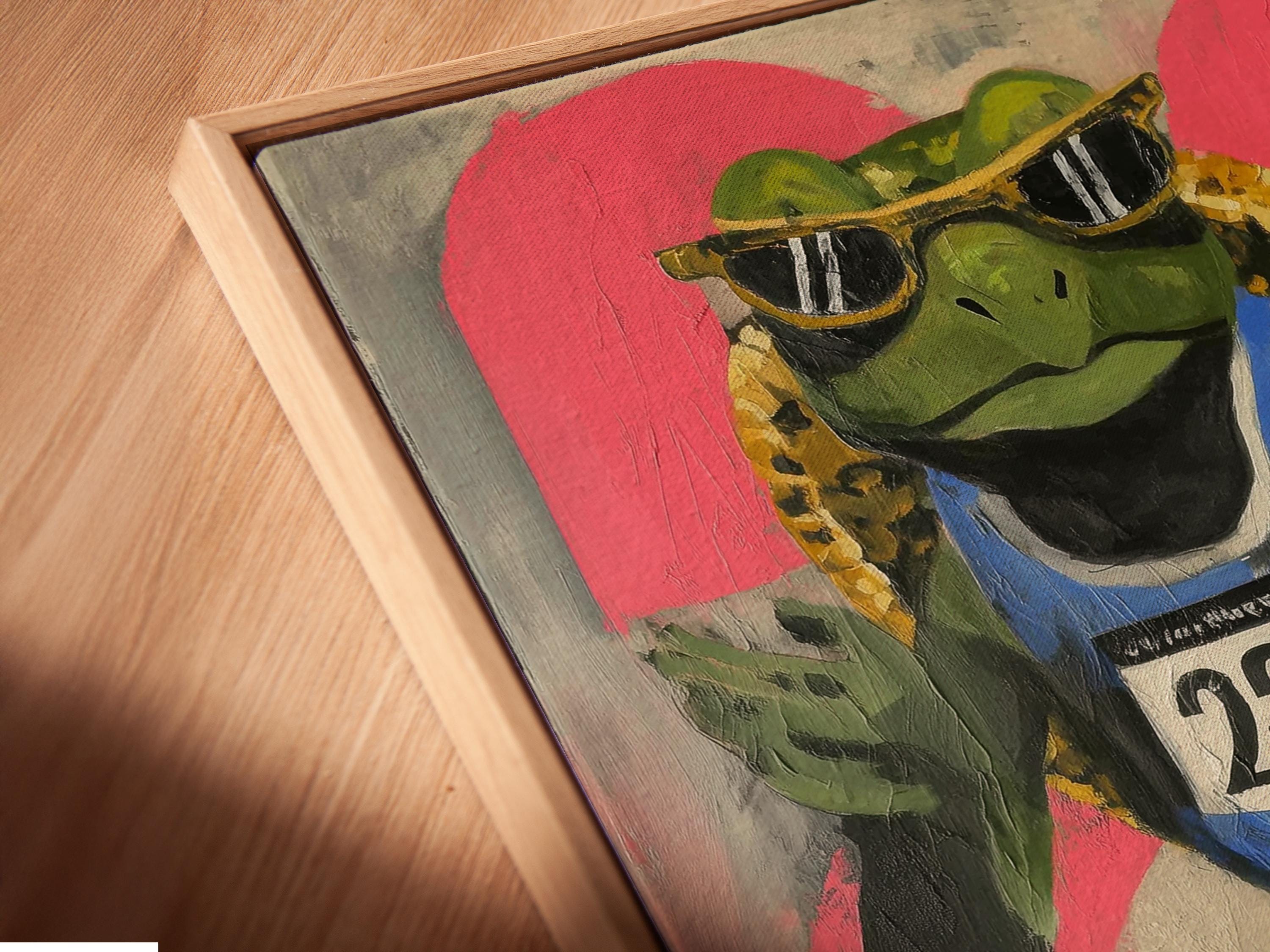 Hot pink graffiti-style runner turtle wearing black sunglasses and a “233” race bib detail view