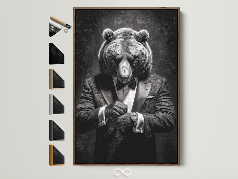 Monochrome bear portrait in a suit with a bow tie, surrounded by swirling engraved-style line texture