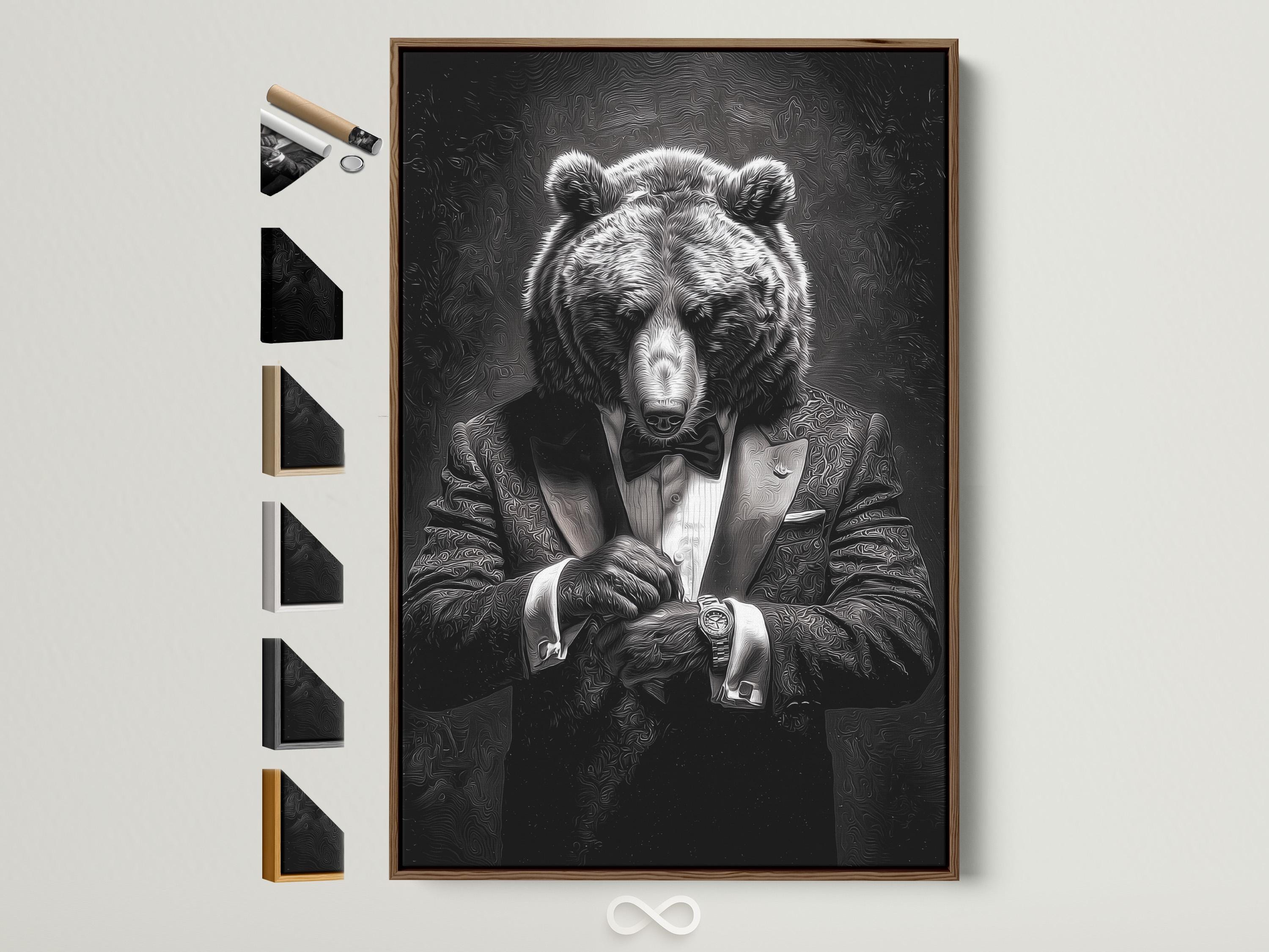 Monochrome bear portrait in a suit with a bow tie, surrounded by swirling engraved-style line texture