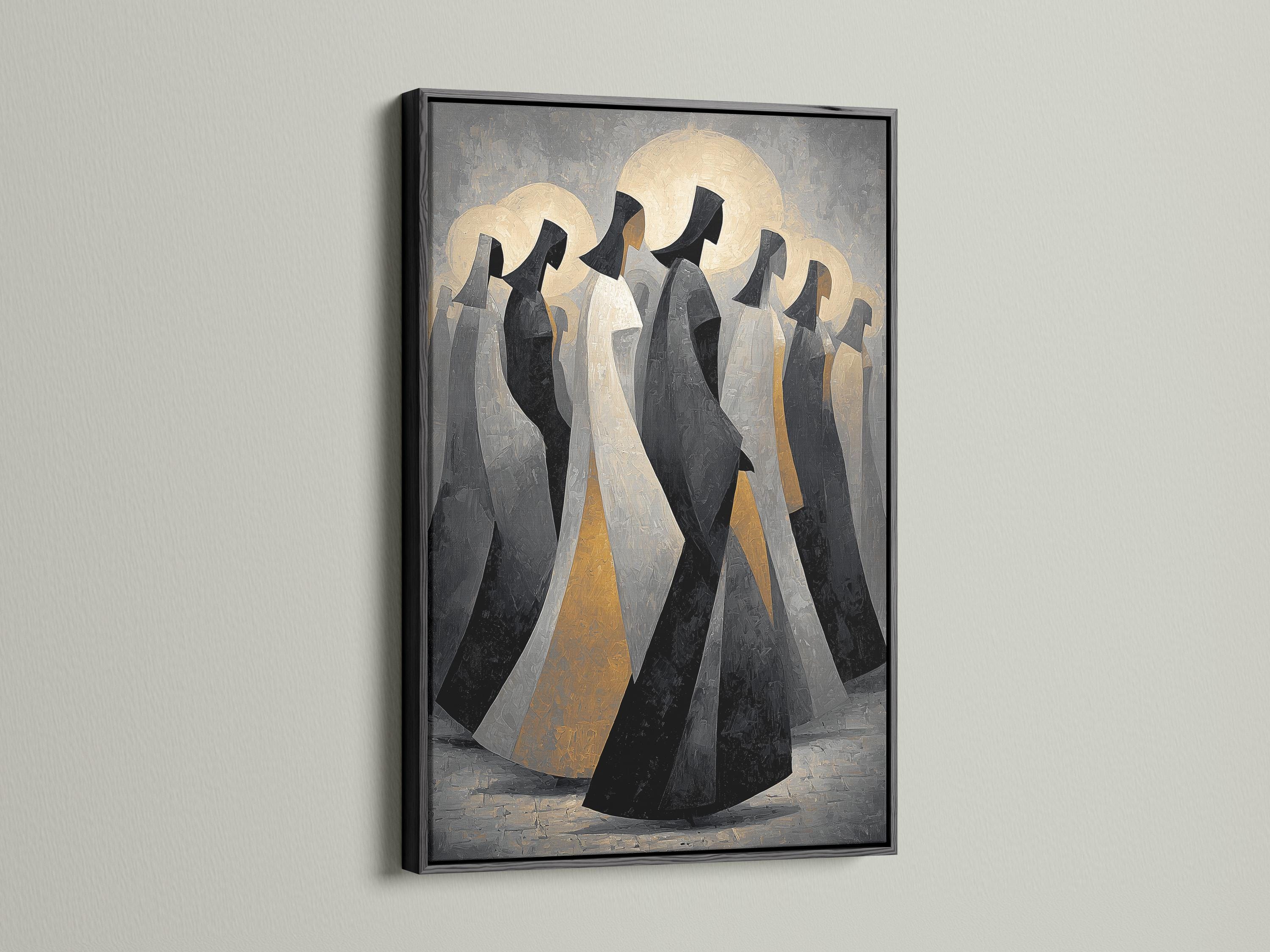 Framed artwork displayed on a neutral background with hooded figures and gold moon discs