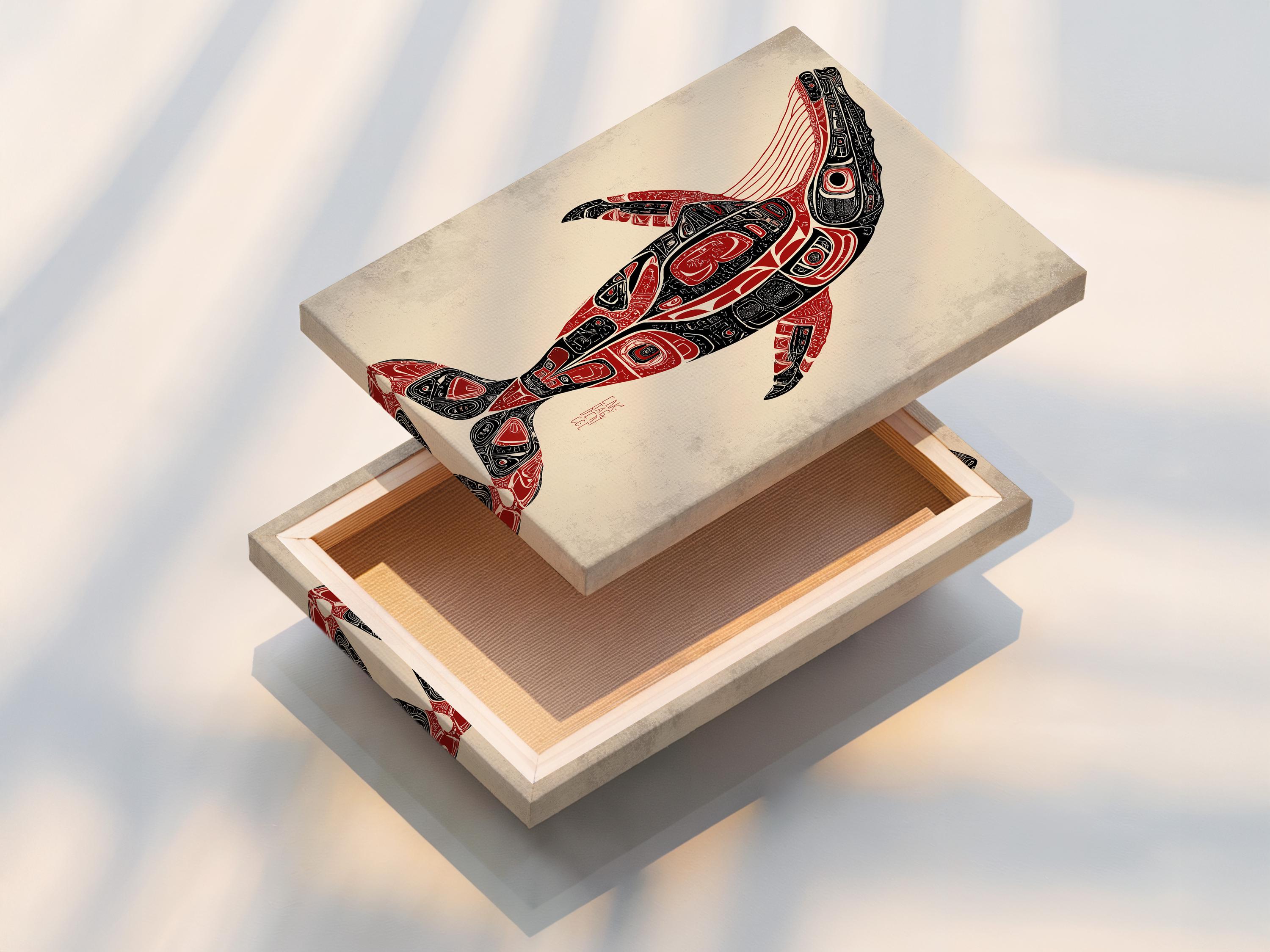 Man holding a mug beside a framed whale artwork in a rustic cabin setting