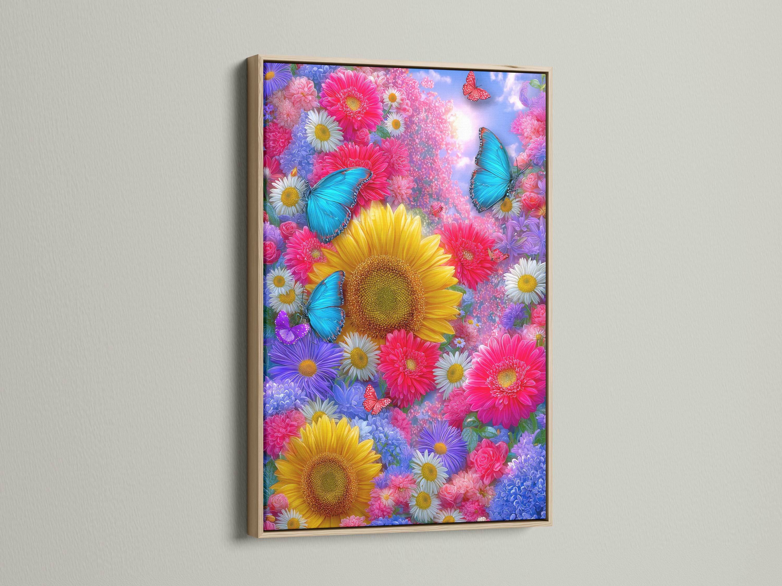 Framed butterfly and sunflower floral artwork mockup on a neutral background