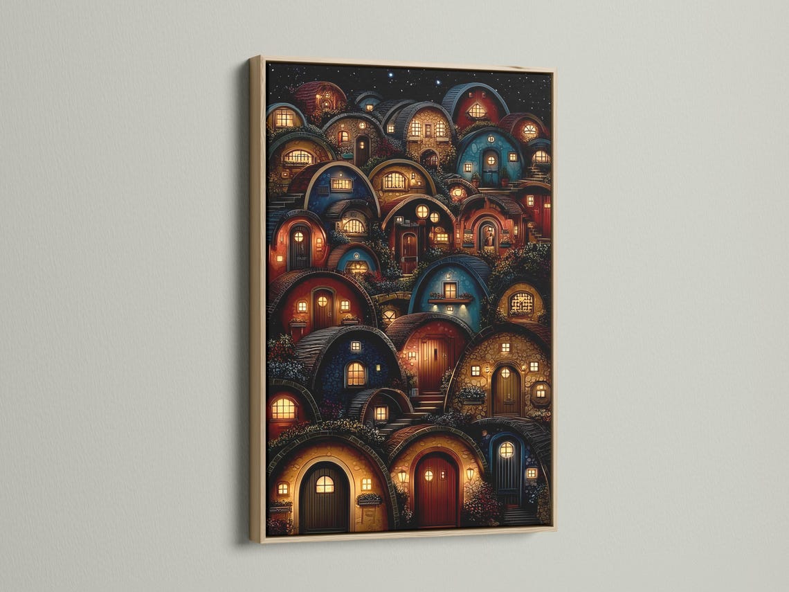 Fantasy village at night with glowing arched doorways and windows under a starry sky detail view