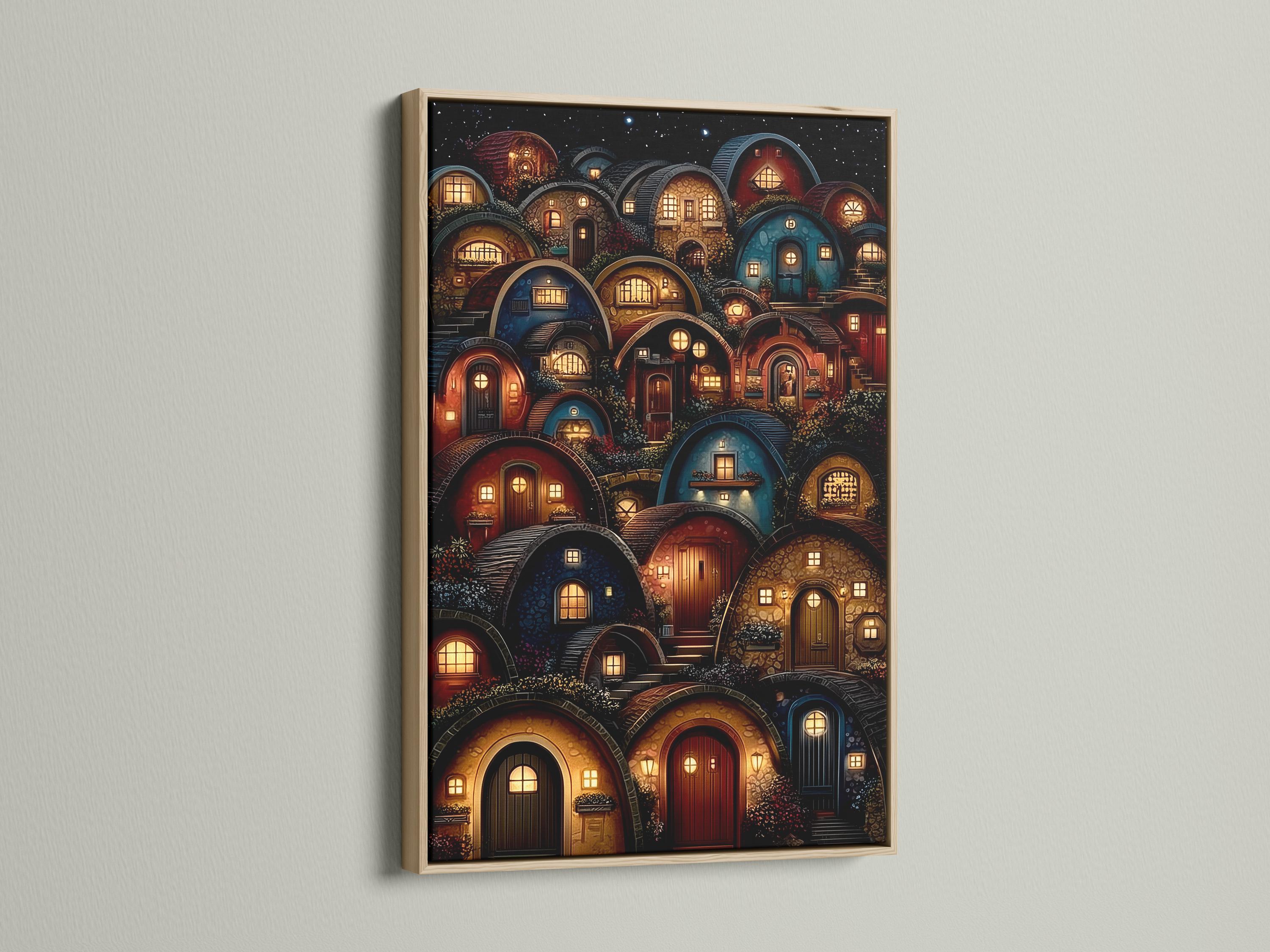 Fantasy village at night with glowing arched doorways and windows under a starry sky detail view