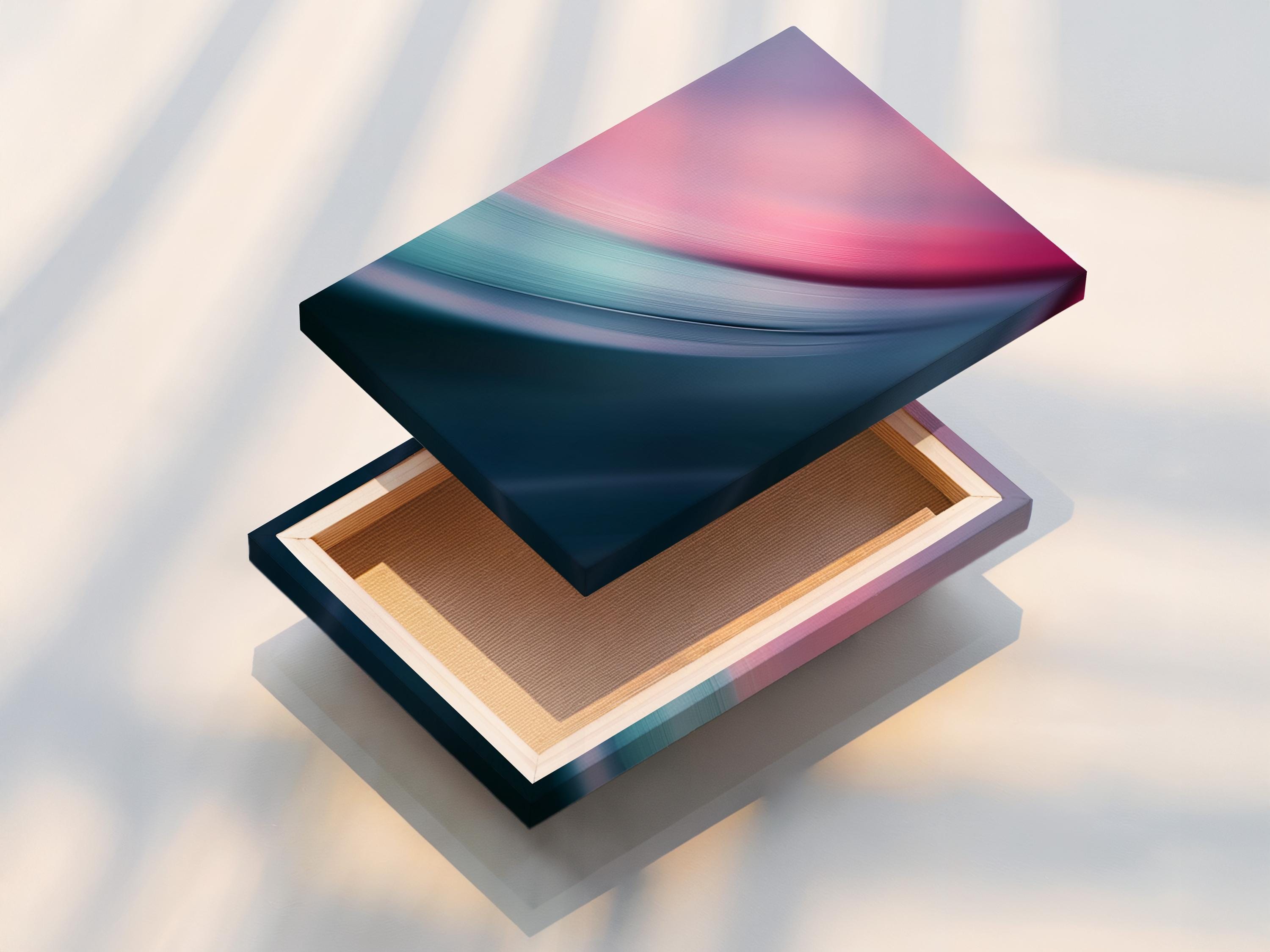 Abstract artwork with sweeping pink and teal curved gradients detail view