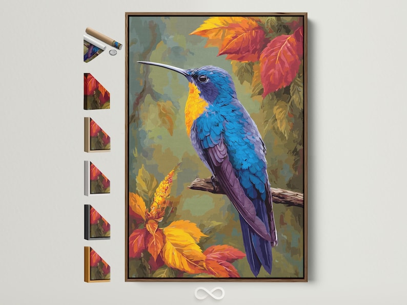 Illustrated hummingbird perched among autumn leaves in vivid blue, purple, gold and orange