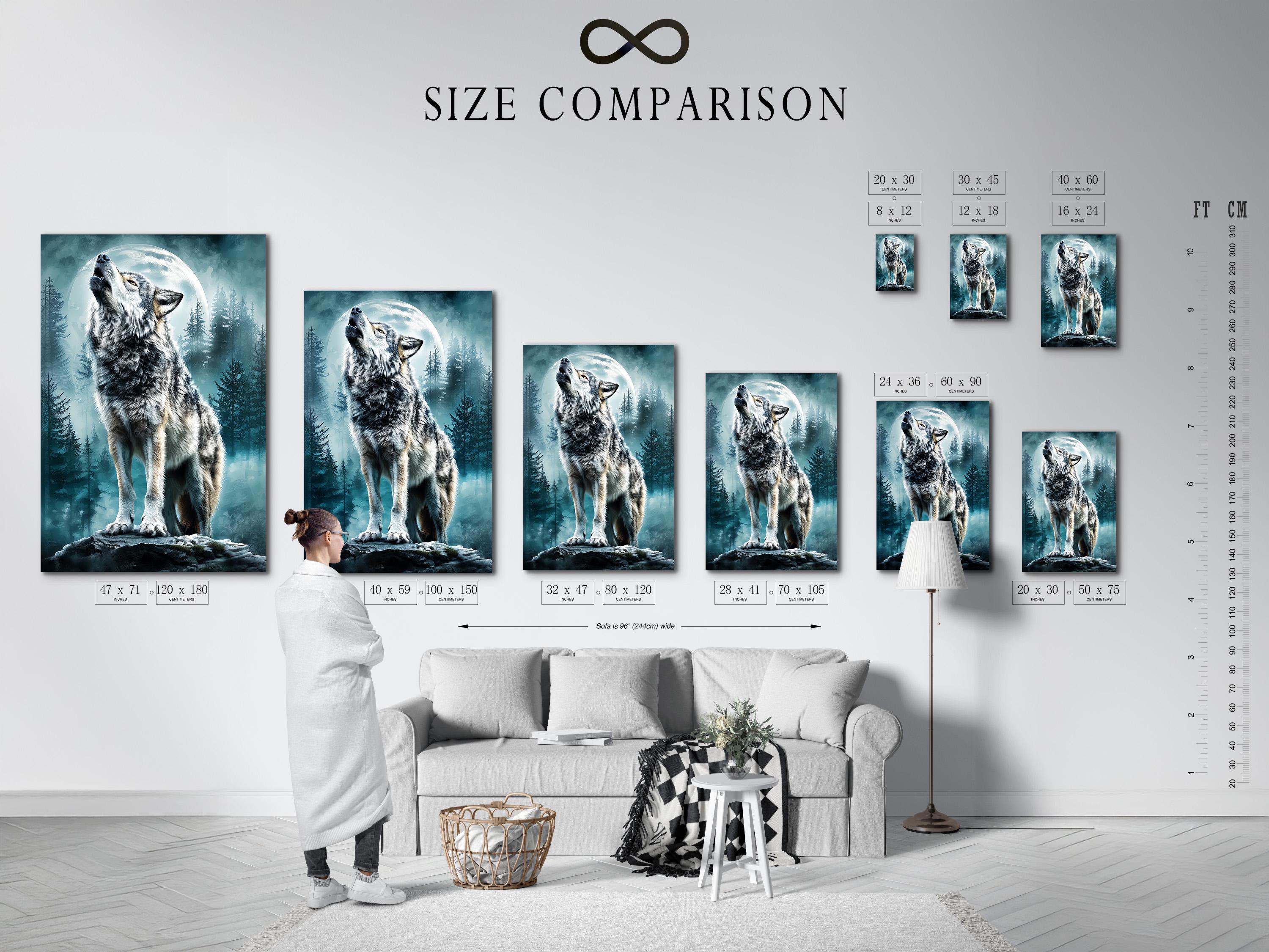 Wolf artwork mockup on a wall with teal forest and moon scene