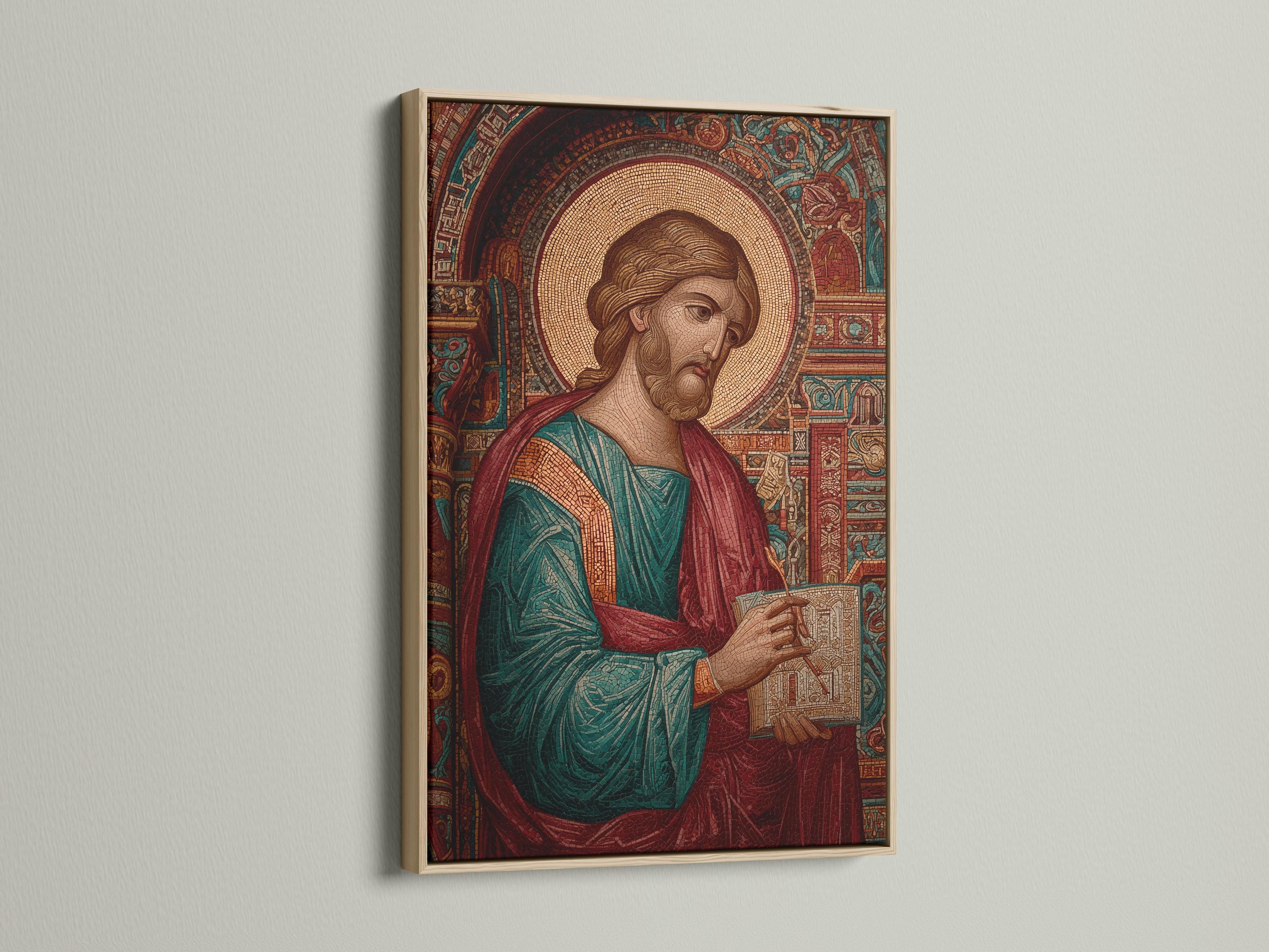 Mosaic-style saint portrait with gold halo, arched patterned background and red teal robes detail view