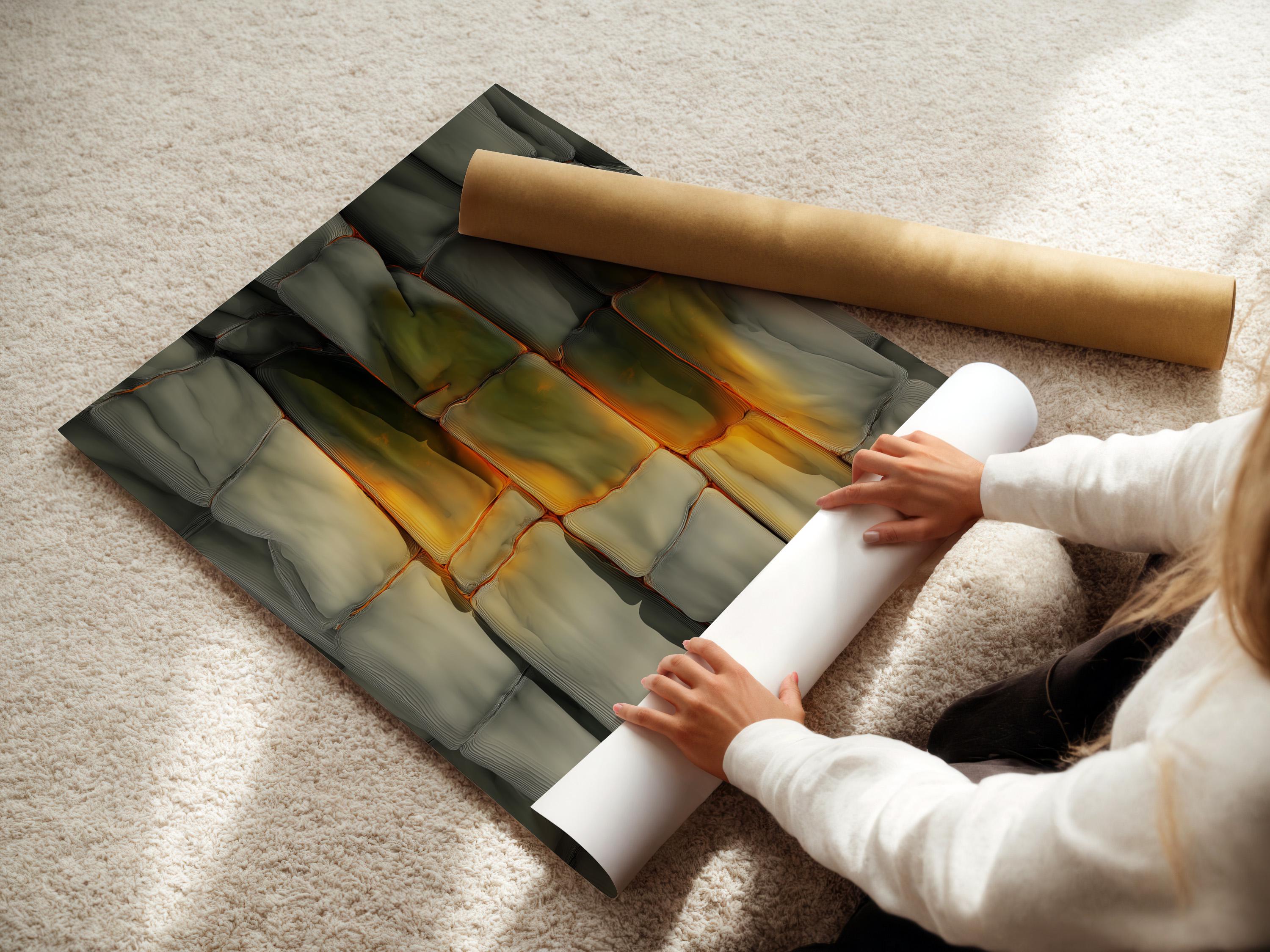 Abstract stone-texture artwork with cool grey blocks and warm beige-gold highlights in a rectangular frame detail view