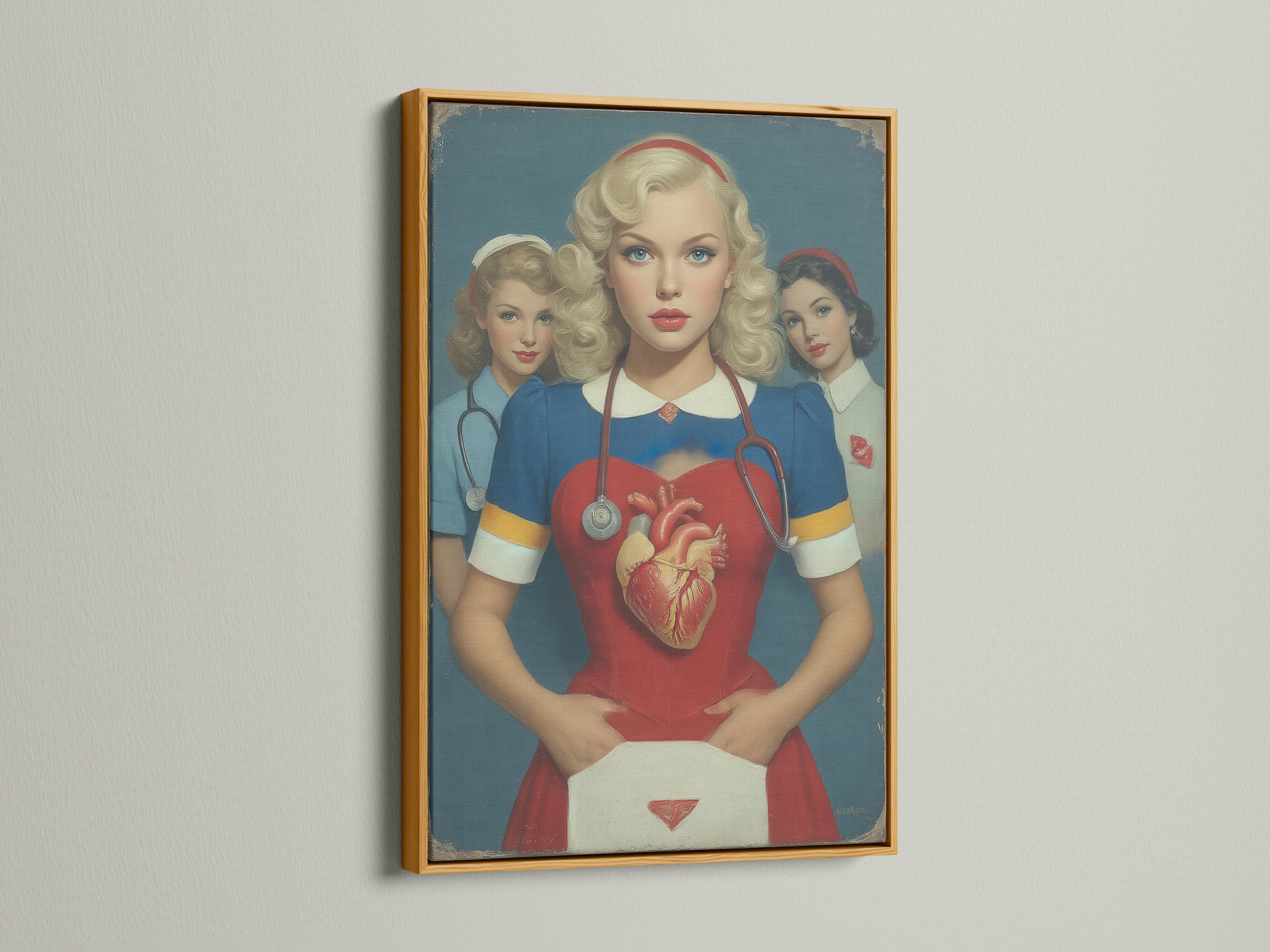 Vintage portrait of three nurses with a central anatomical heart and stethoscope detail view