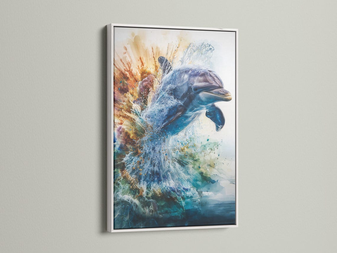 Framed ocean dolphin splash artwork on a wall with other frame options