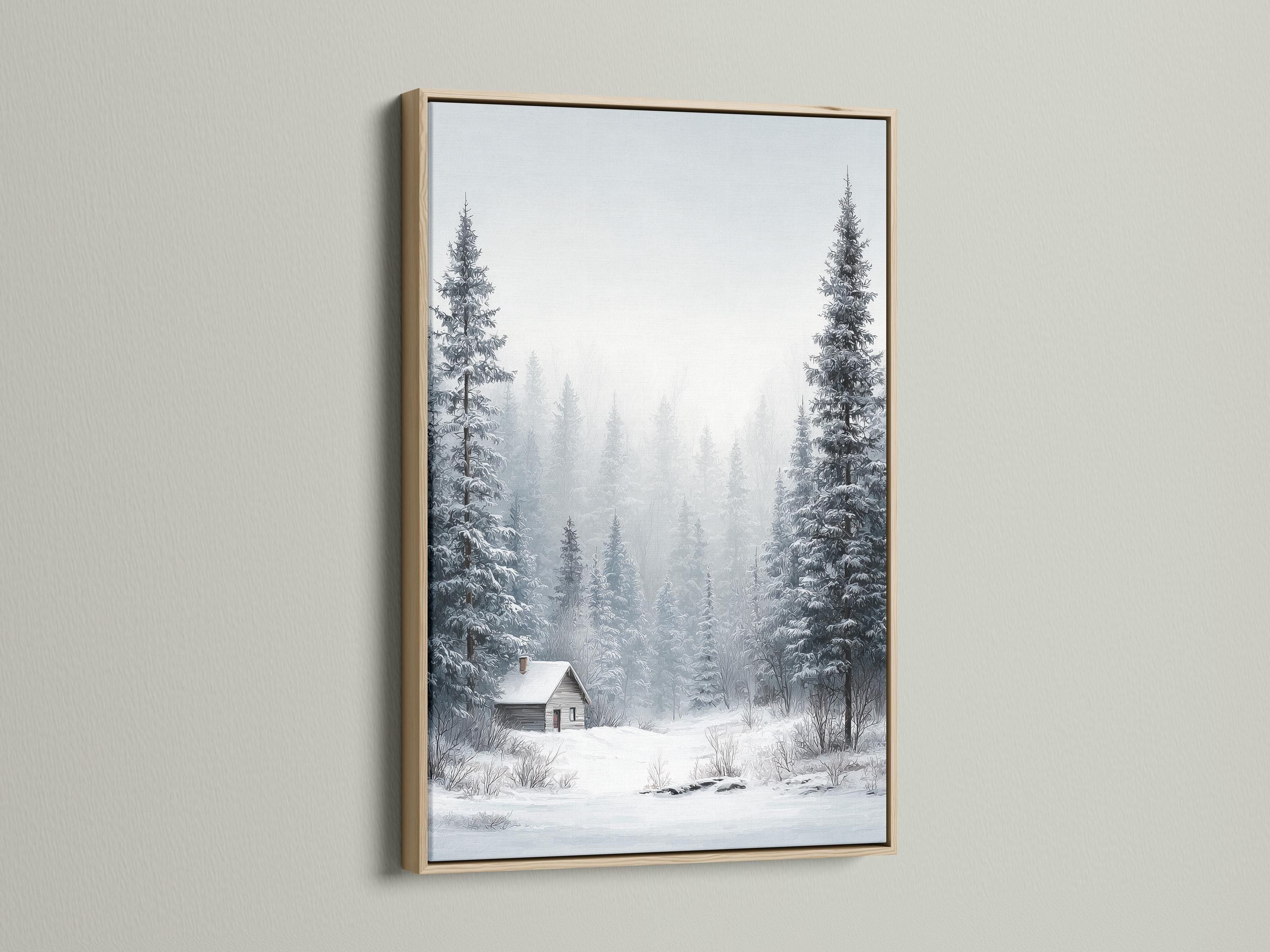Snowy winter forest scene with pine trees, mist, and a small cabin detail view