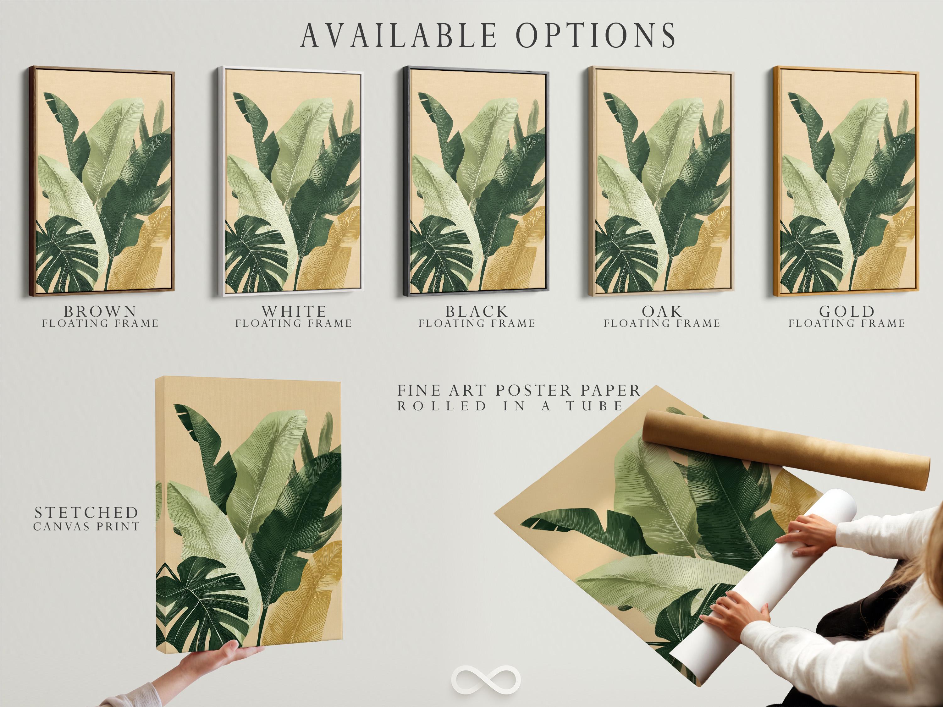 Botanical leaf artwork shown on a framed wall display with additional product views around it