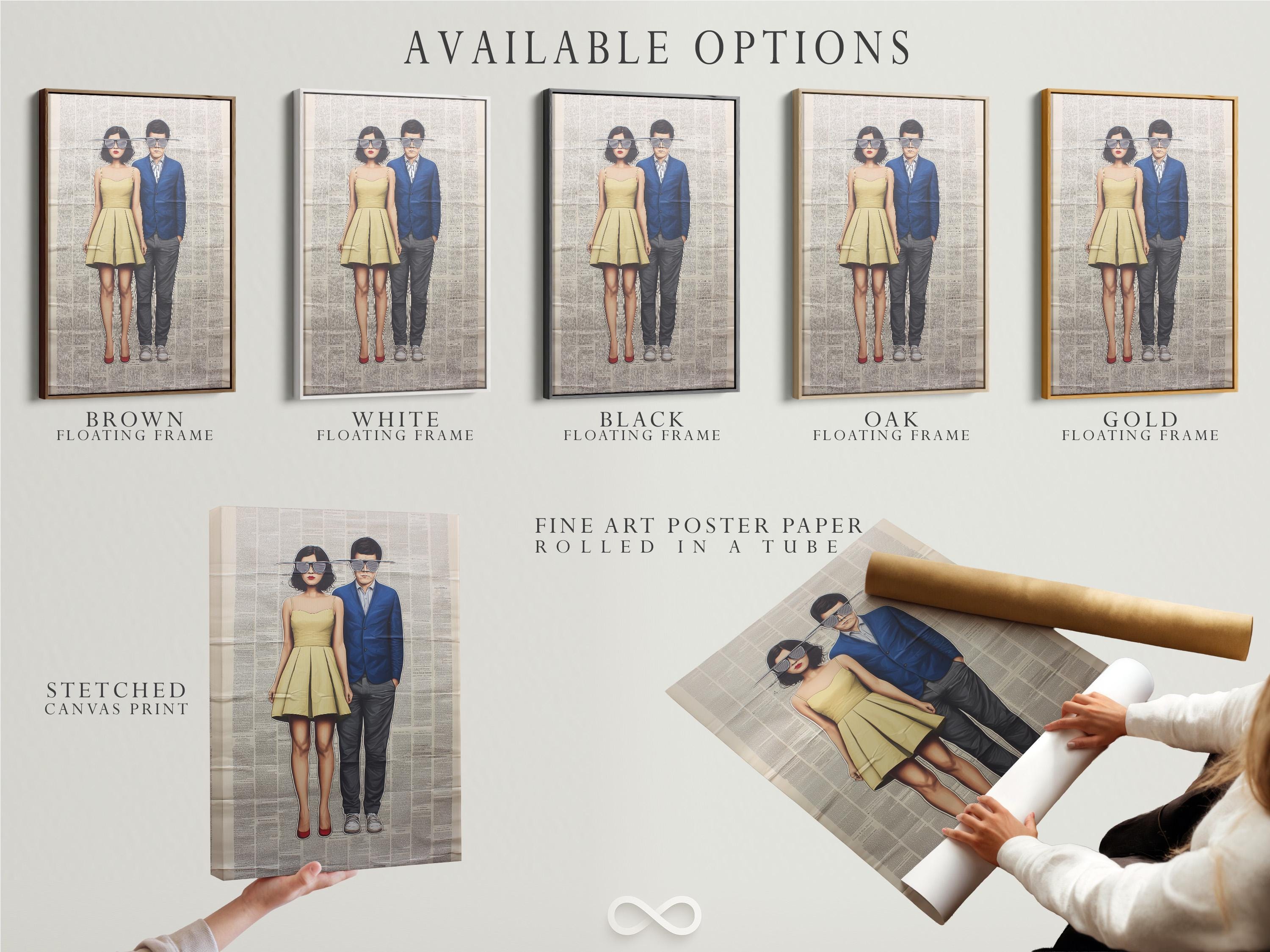 Wall mockup showing framed retro couple artwork with newspaper-text background
