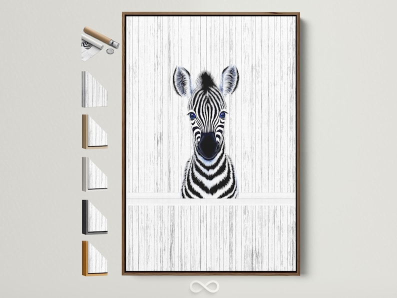 Zebra portrait with black and white stripes and bright blue eyes on a pale vertical striped background