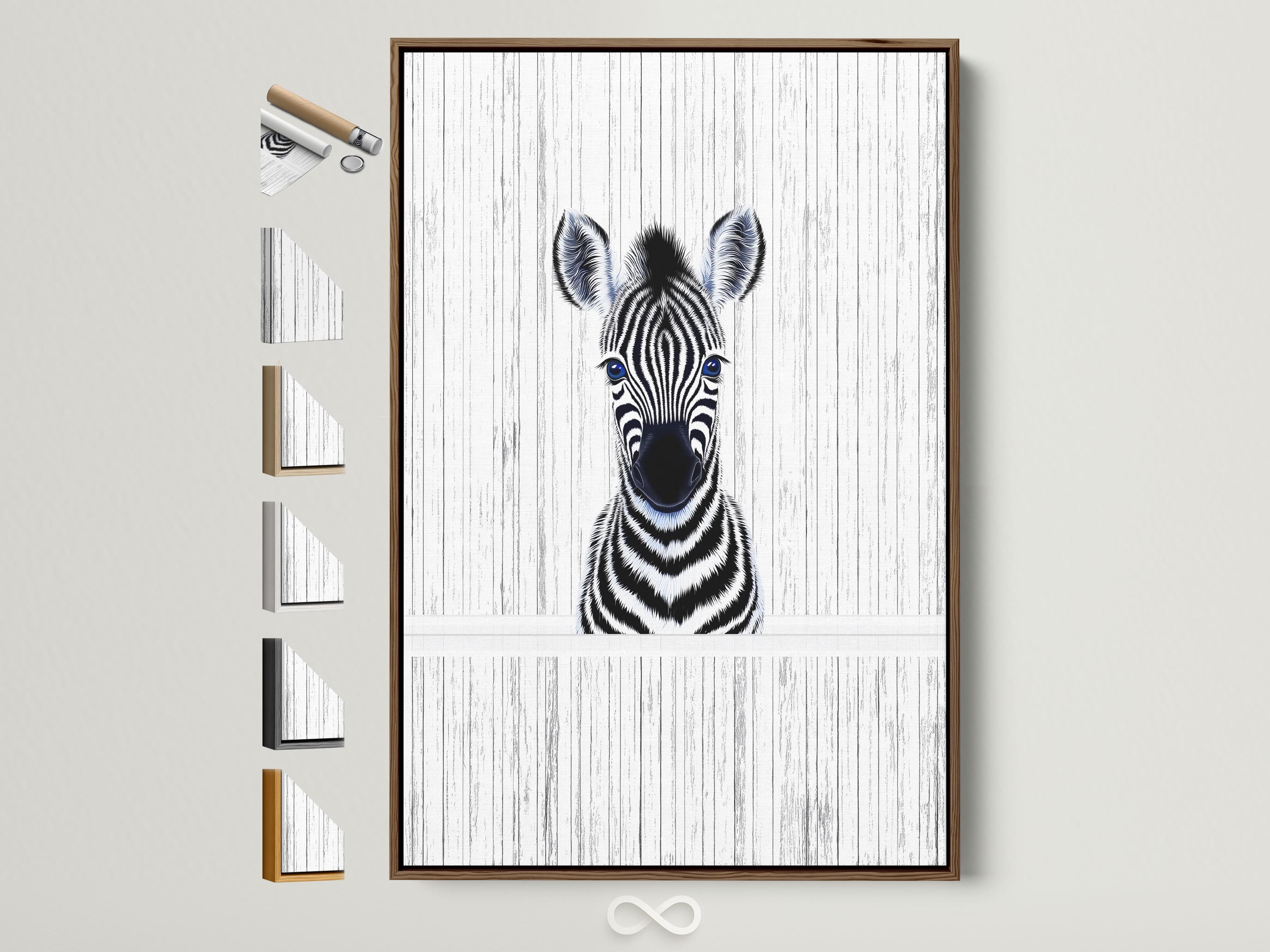 Zebra portrait with black and white stripes and bright blue eyes on a pale vertical striped background