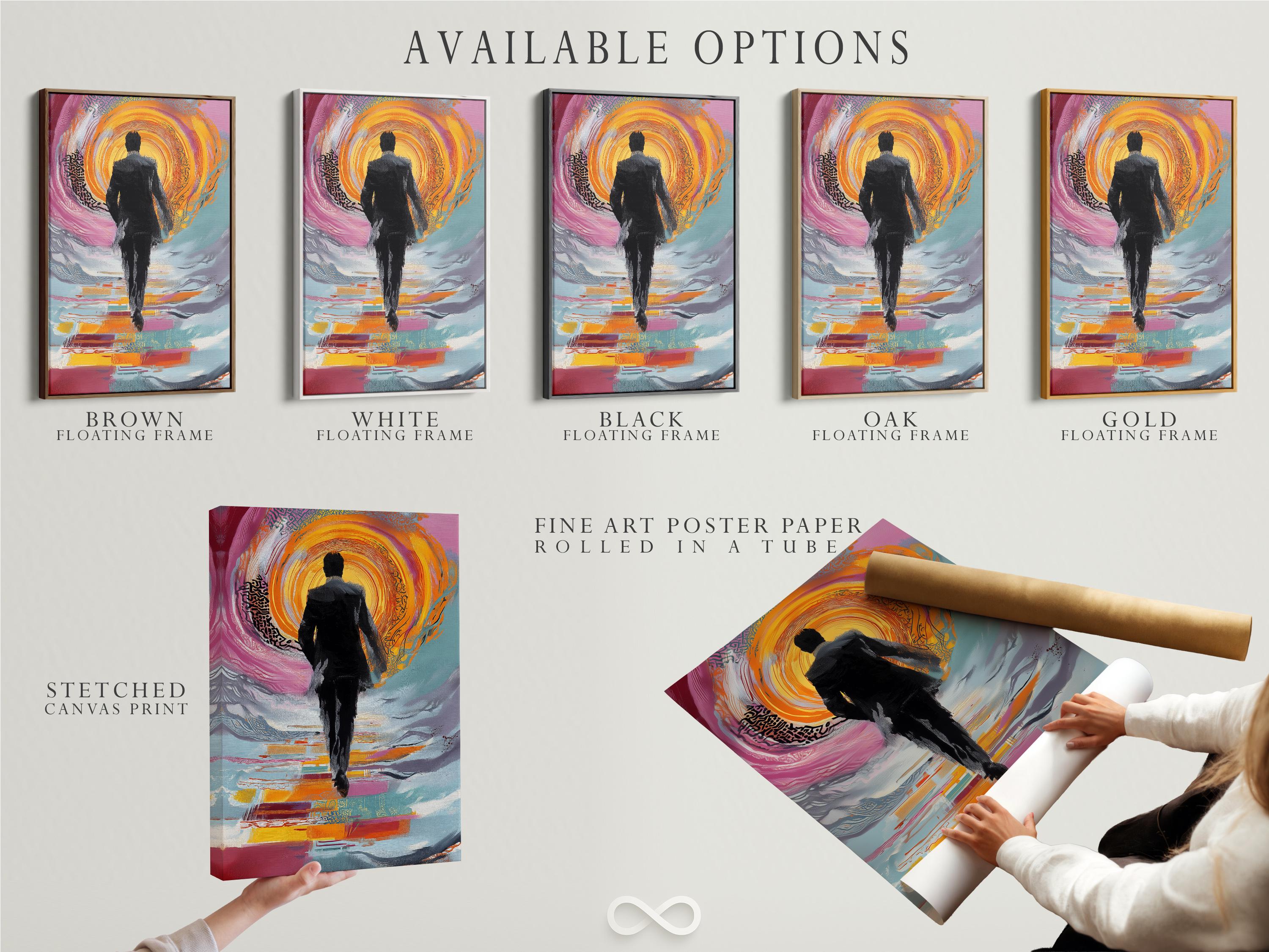 Person seated in a living room with a framed abstract man silhouette artwork on the wall