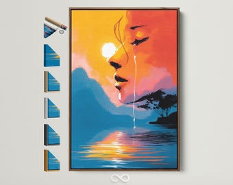Emotional Abstract Face Canvas Print - Orange, Blue & Yellow Sunset Art, Modern Portrait Wall Decor for Living Room, Contemporary Gift