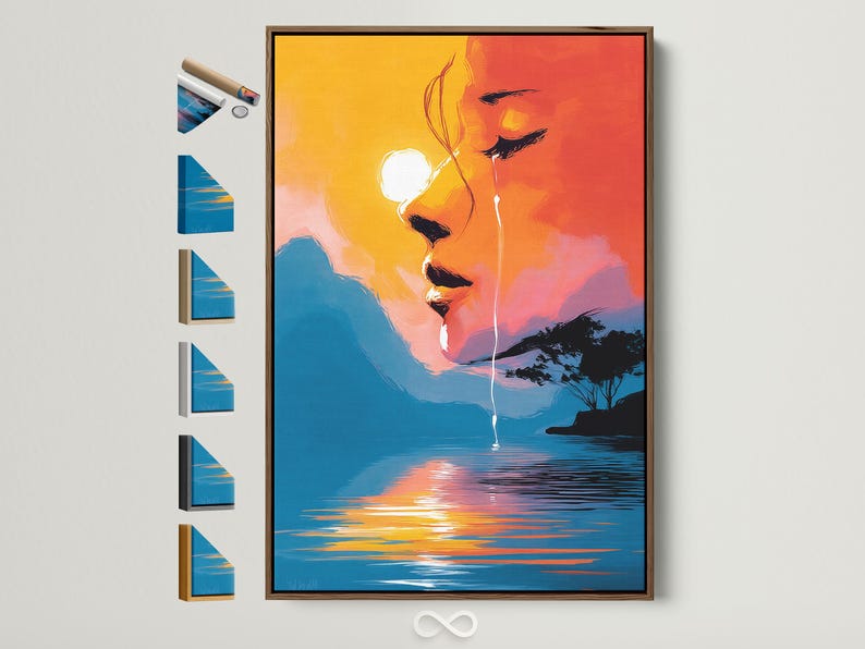Abstract face portrait with warm sunset orange and yellow tones over blue reflective water
