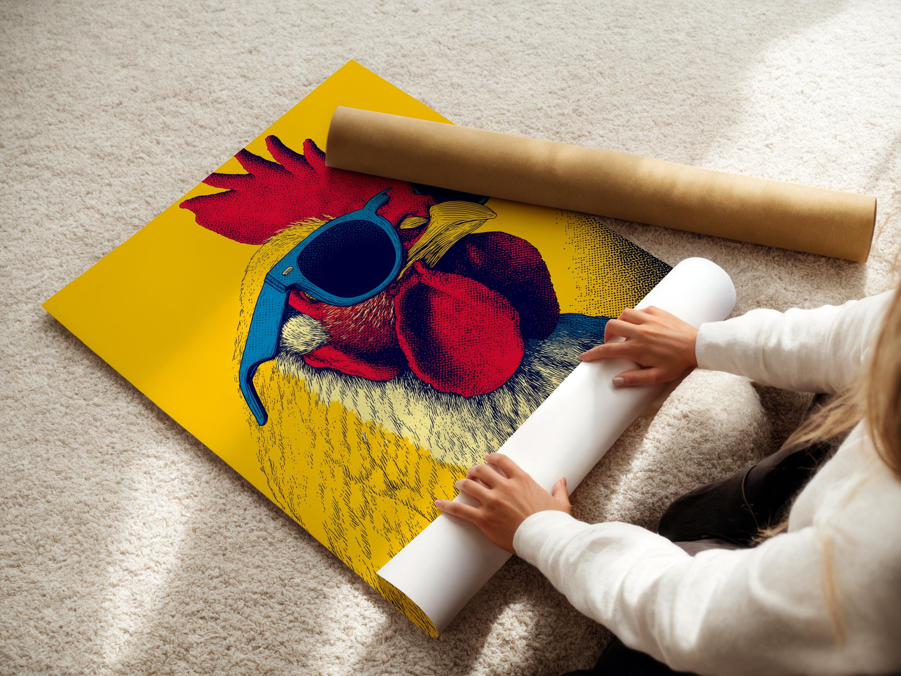 Room mockup featuring a framed pop-art rooster with blue sunglasses on a yellow background
