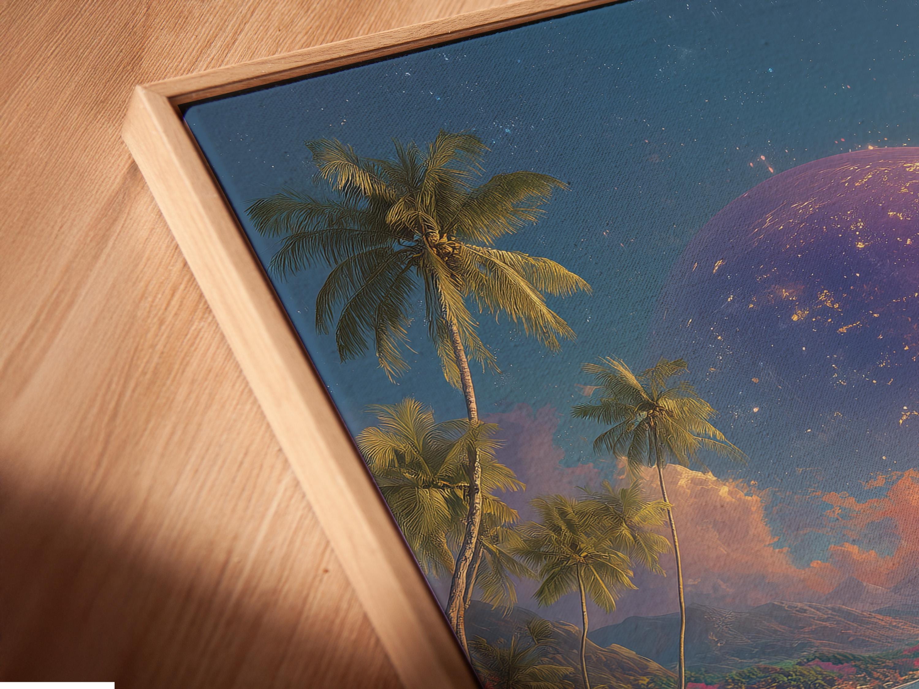 Room scene with a woman in a gold dress tropical beach artwork leaning against a wall