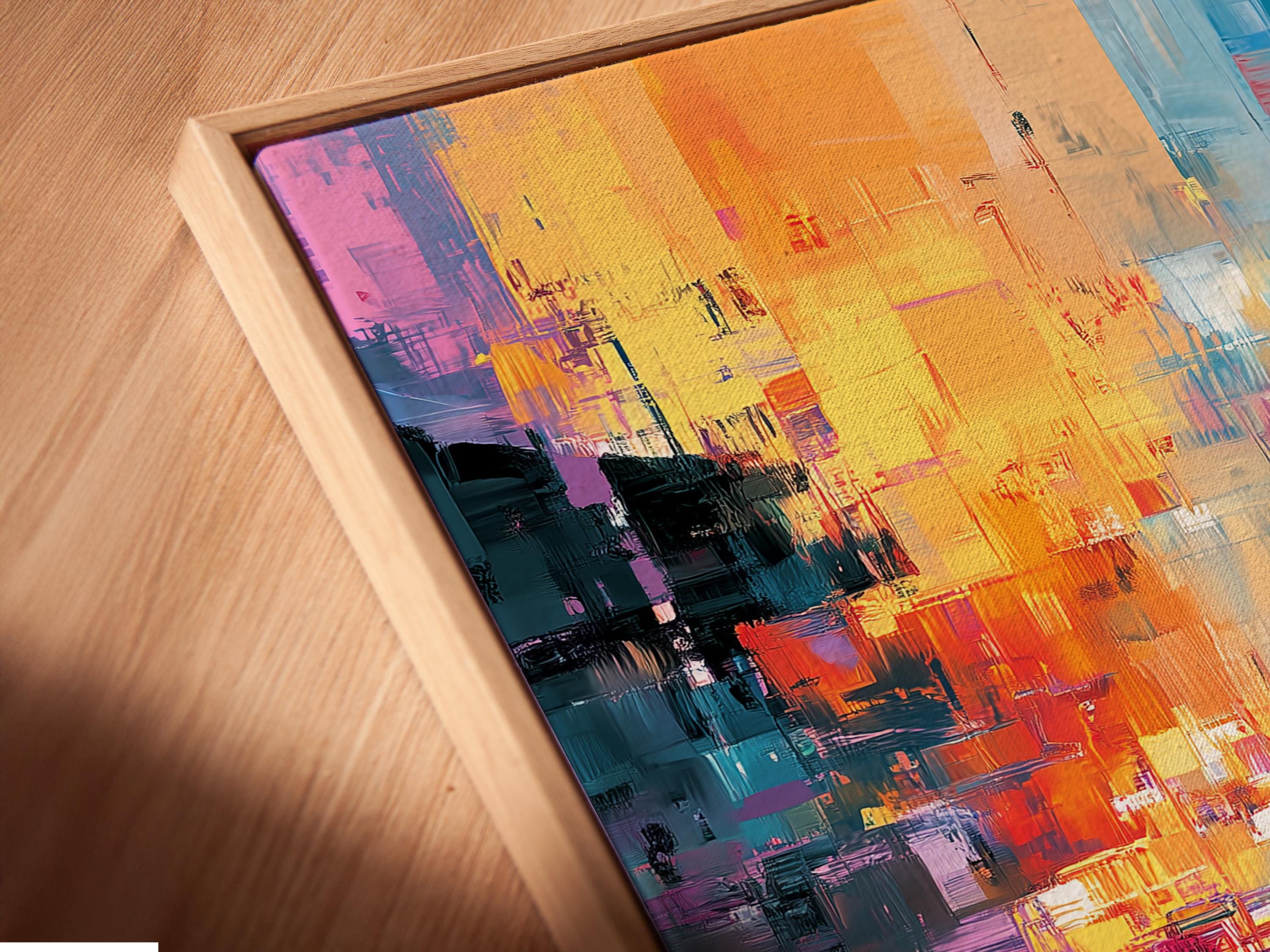 Room mockup with a large framed abstract cityscape artwork above a seating area