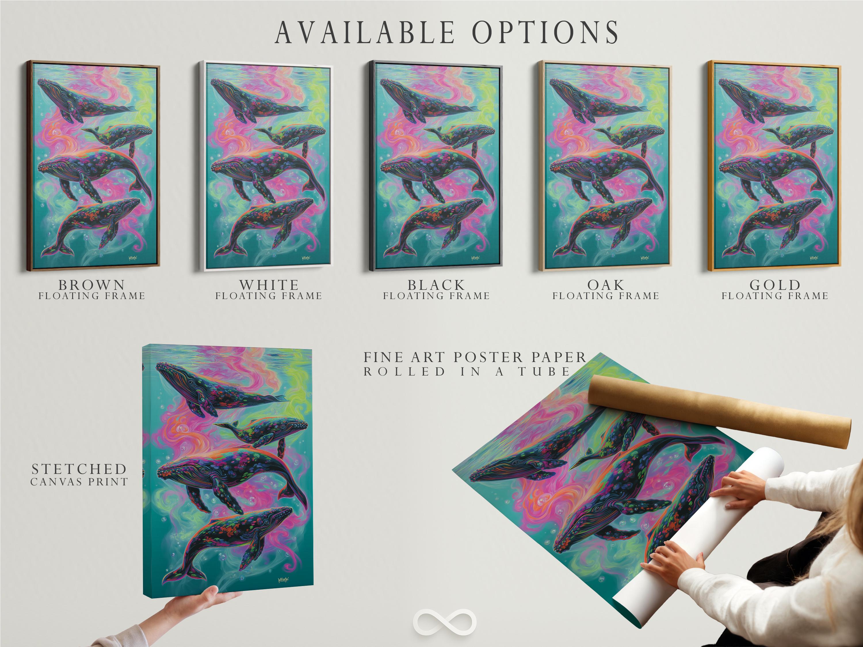 Three stylised whales swimming in a psychedelic teal, pink and yellow underwater scene detail view
