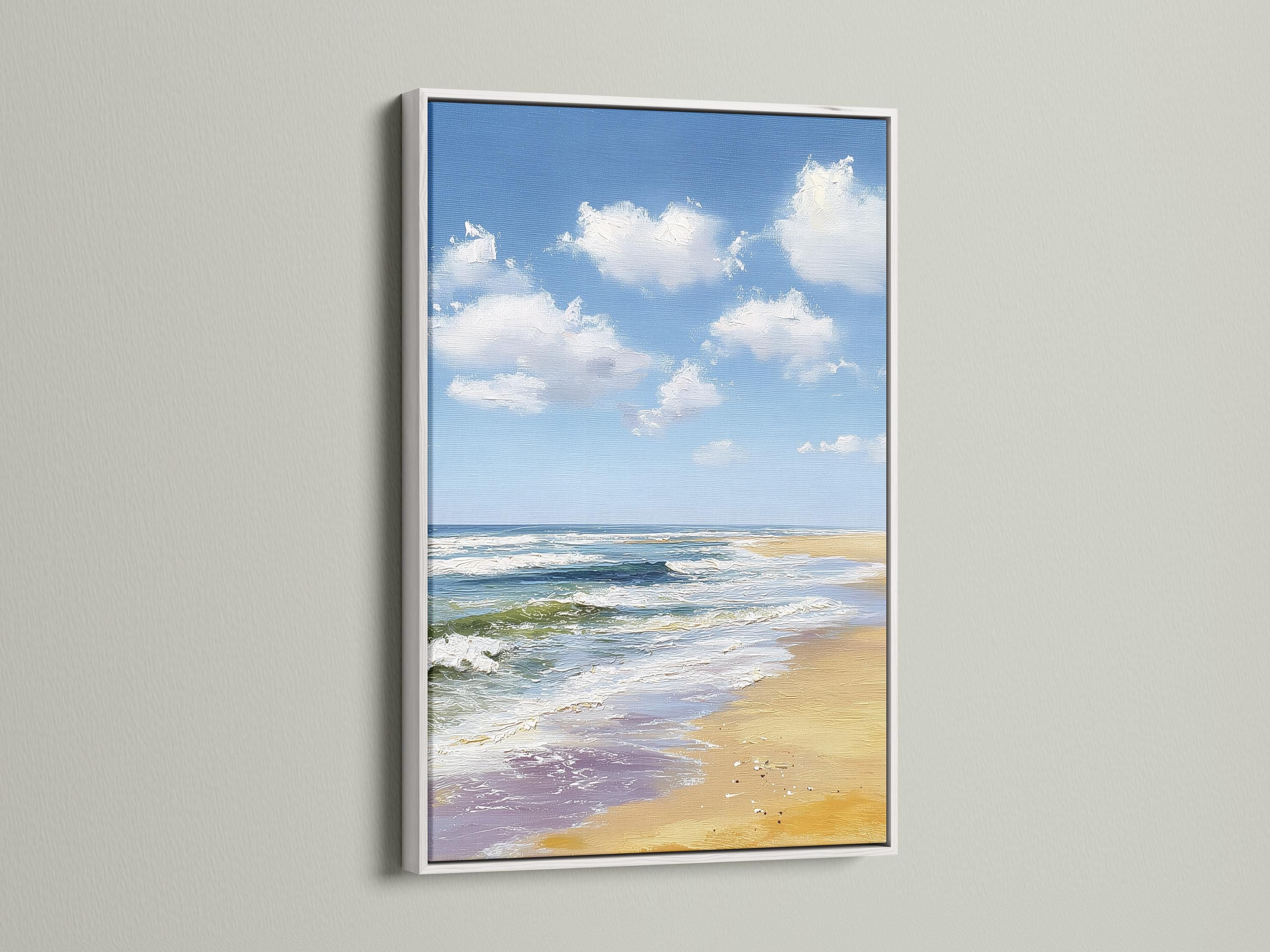Blue ocean seascape with fluffy white clouds and foamy waves over sandy shore detail view