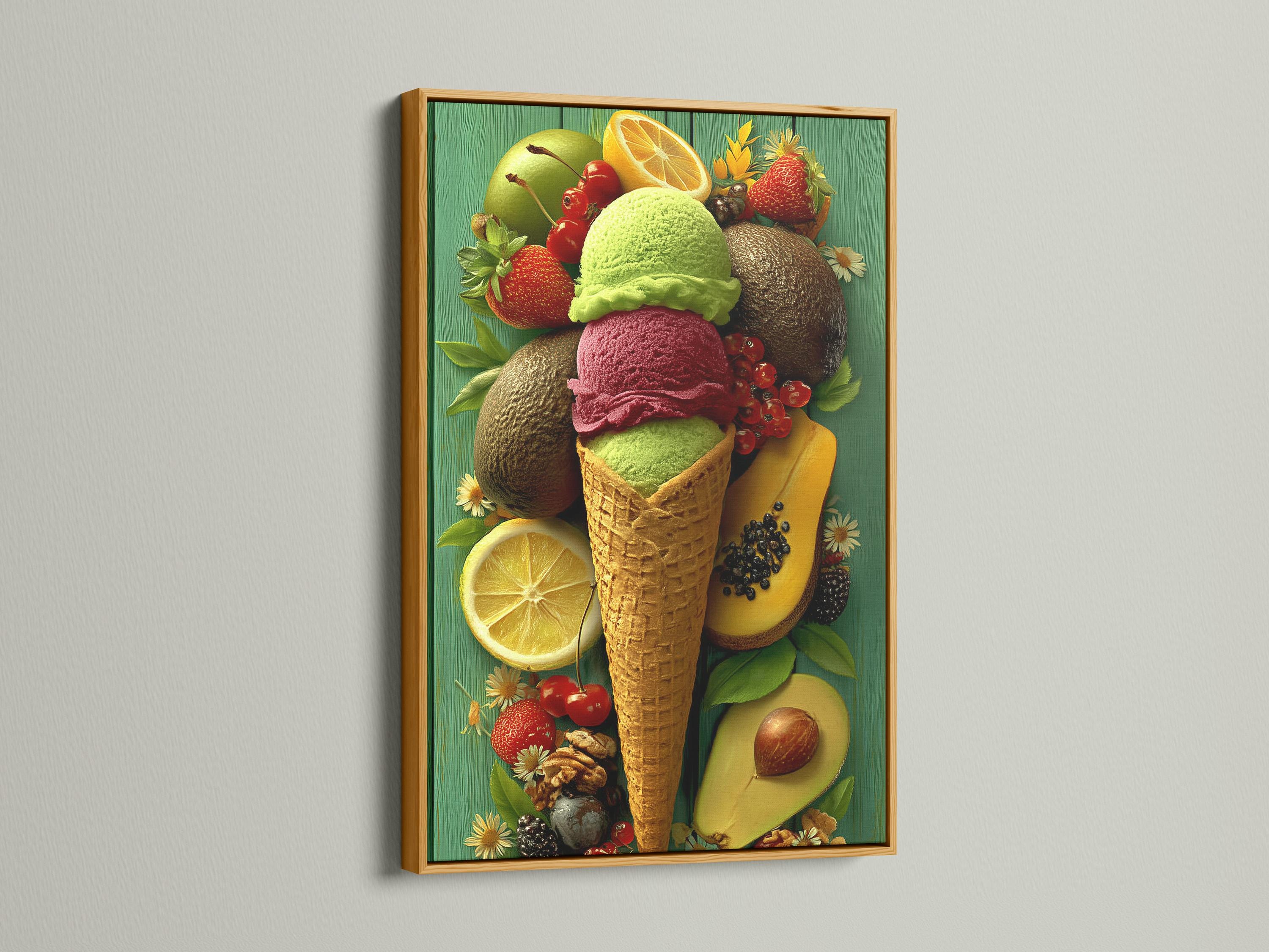 A vivid illustration shows an ice-cream cone filled with green, pink and brown scoops, topped with surrounding fruit and small flowers on a teal