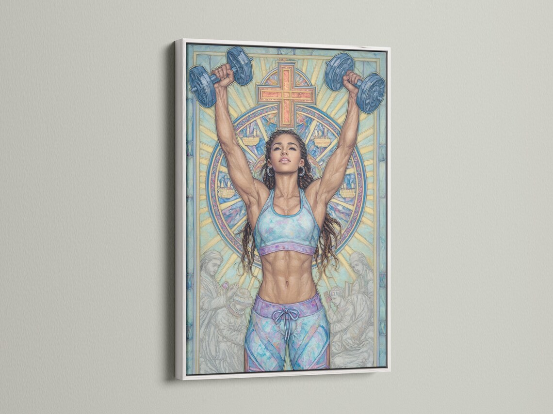 A stylised image shows a woman lifting both arms in prayer-like posture beneath a large cross, in cool blue and pastel tones detail view