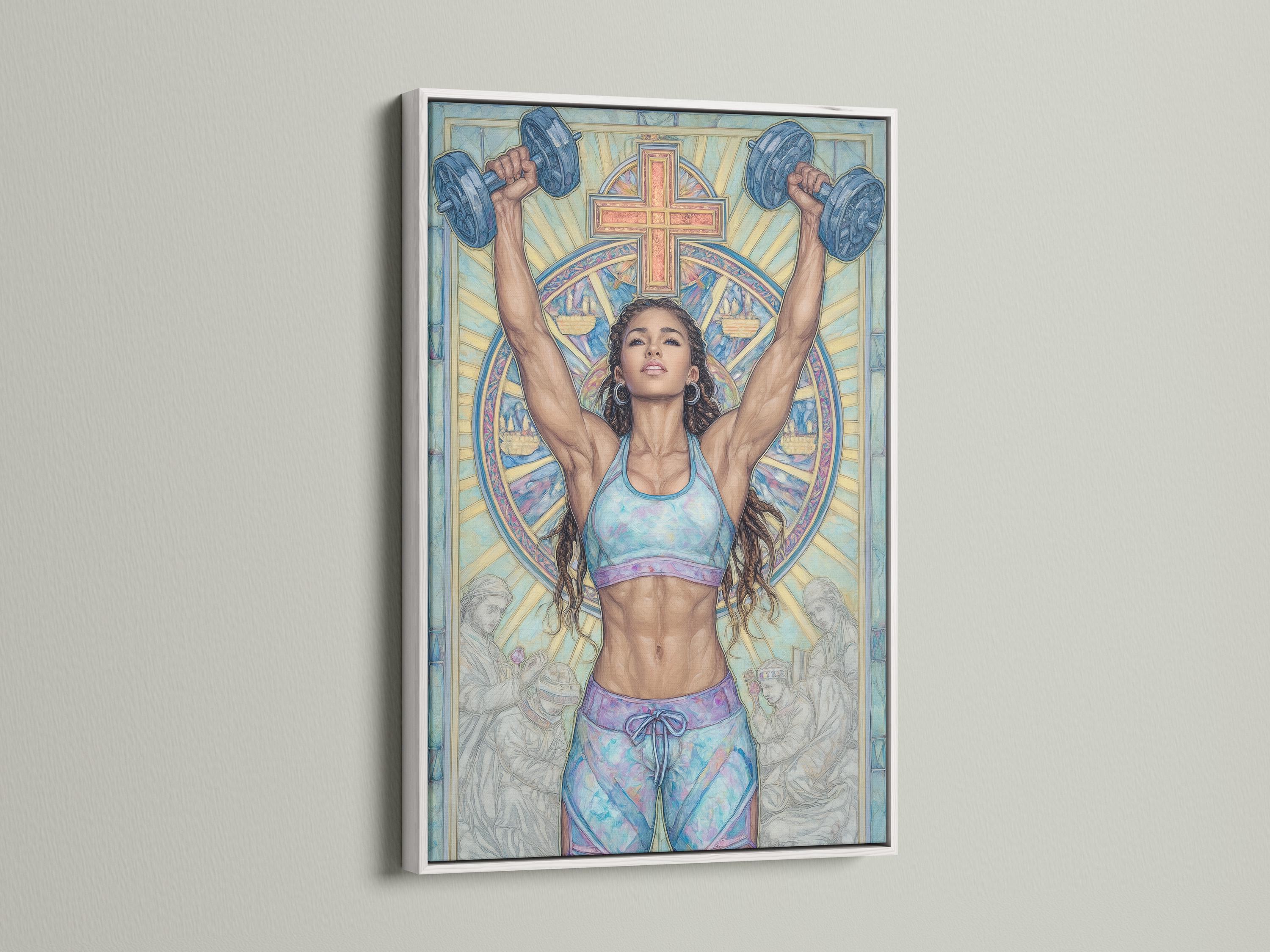 A stylised image shows a woman lifting both arms in prayer-like posture beneath a large cross, in cool blue and pastel tones detail view