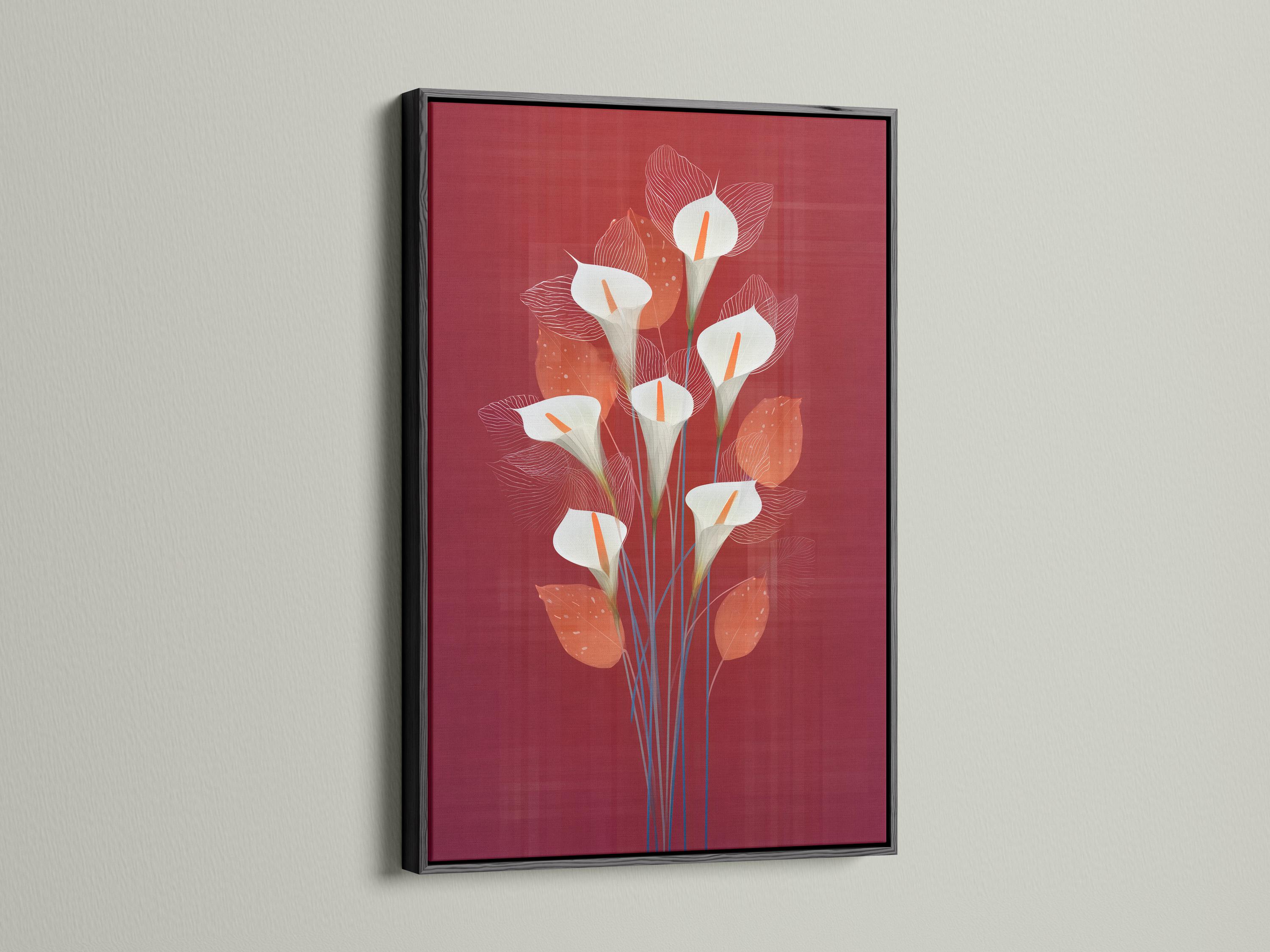 Stylised calla lily bouquet with white flowers, orange centres and blue stems on a burgundy background detail view