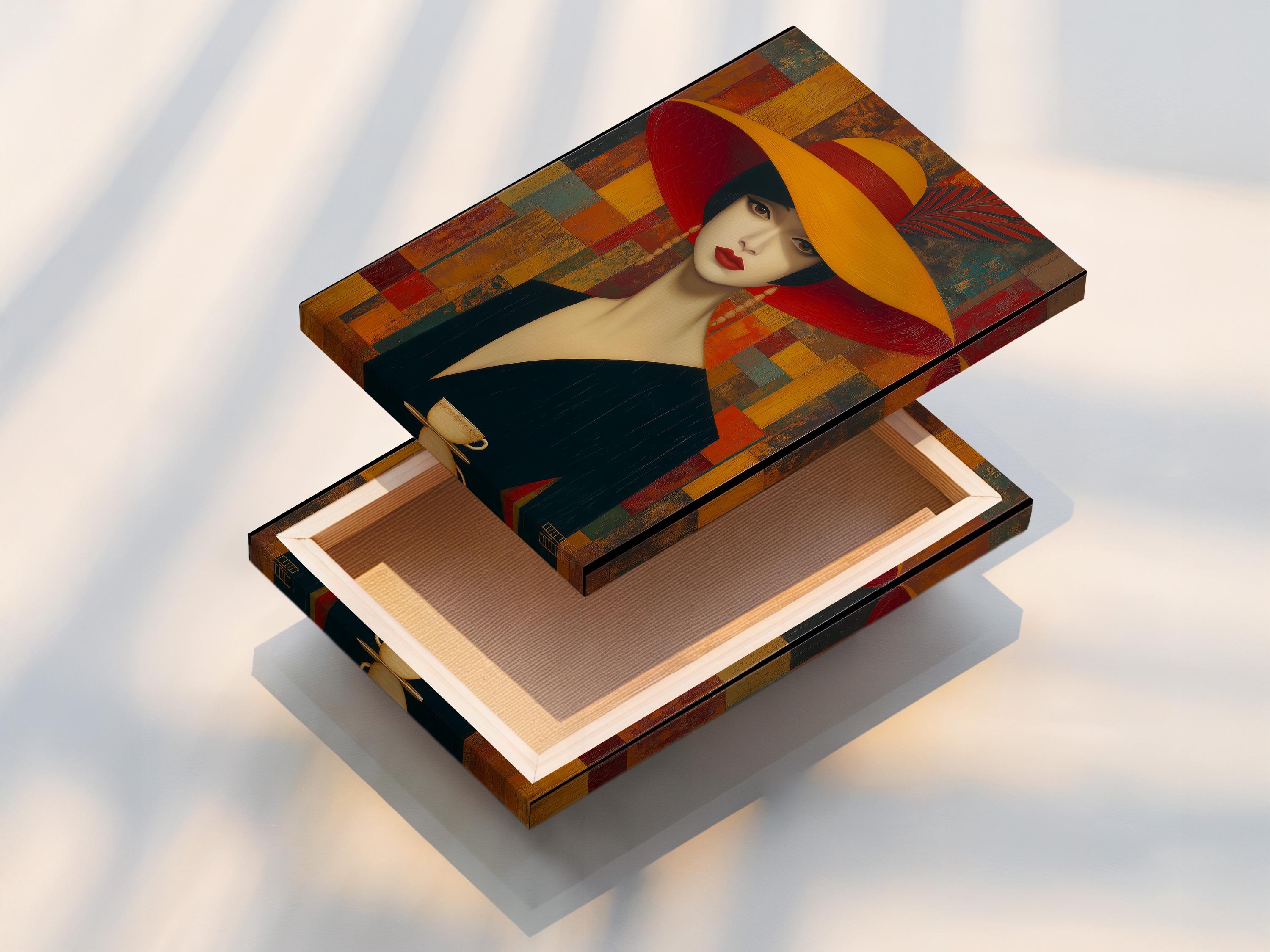 Stylised portrait of a woman wearing a wide red hat against a geometric red, gold and teal background detail view