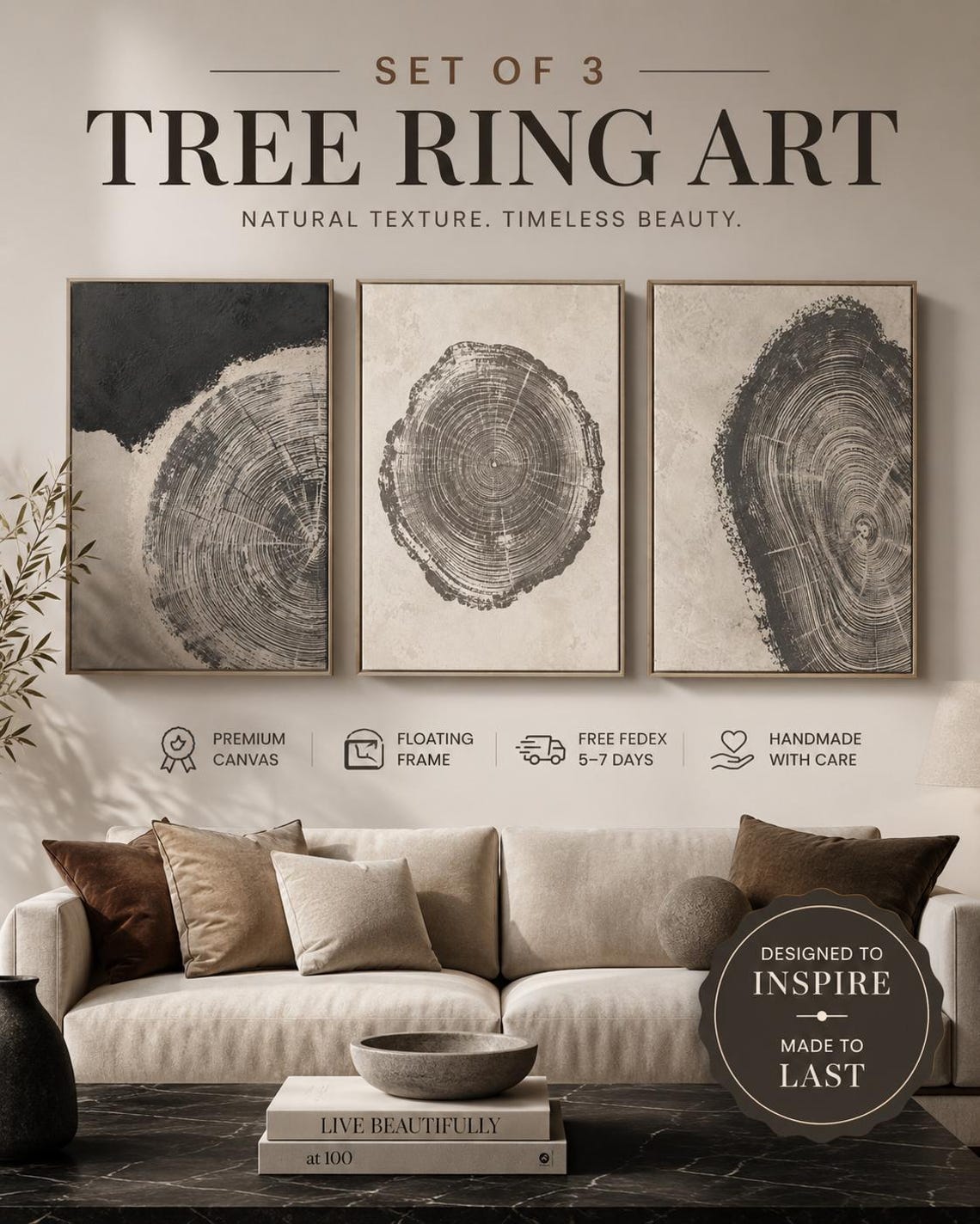 Three-panel abstract tree-ring circles in grey linework on neutral backgrounds detail view