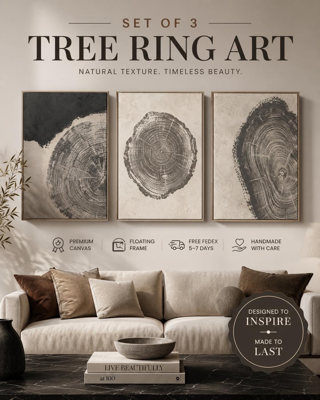 Three-panel abstract tree-ring circles in grey linework on neutral backgrounds detail view