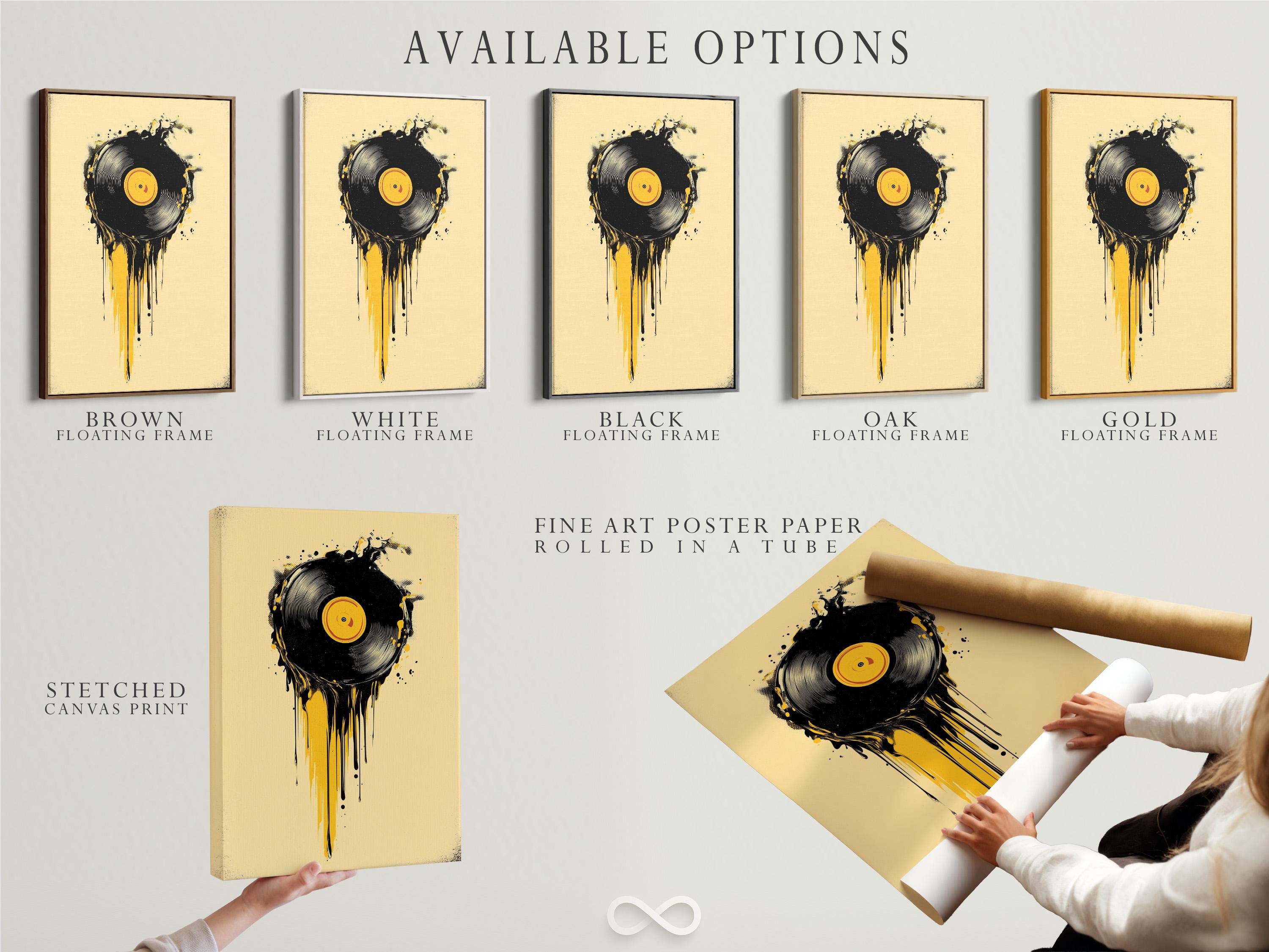 Room mockup showing a framed black and yellow vinyl record illustration with drip and splatter details