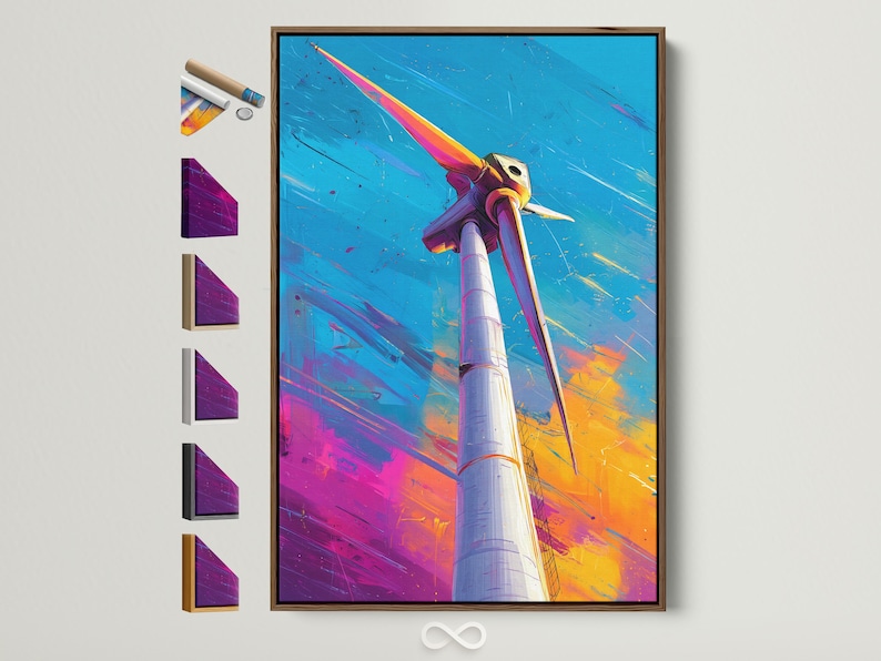 Wind turbine on a sky-blue background with diagonal motion streaks and orange magenta accents