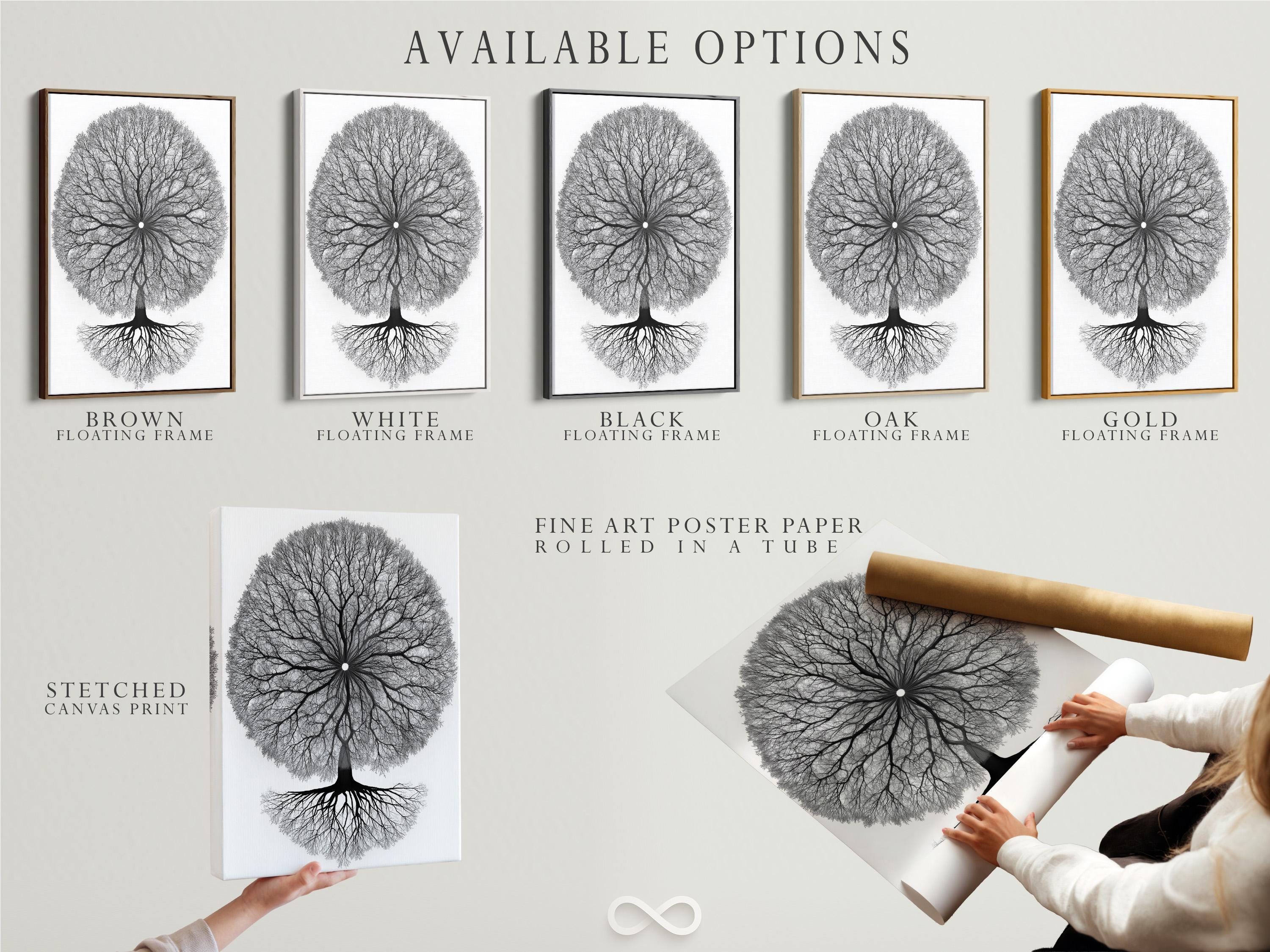 Monochrome tree of life artwork with a circular mandala-like canopy of branches and roots detail view