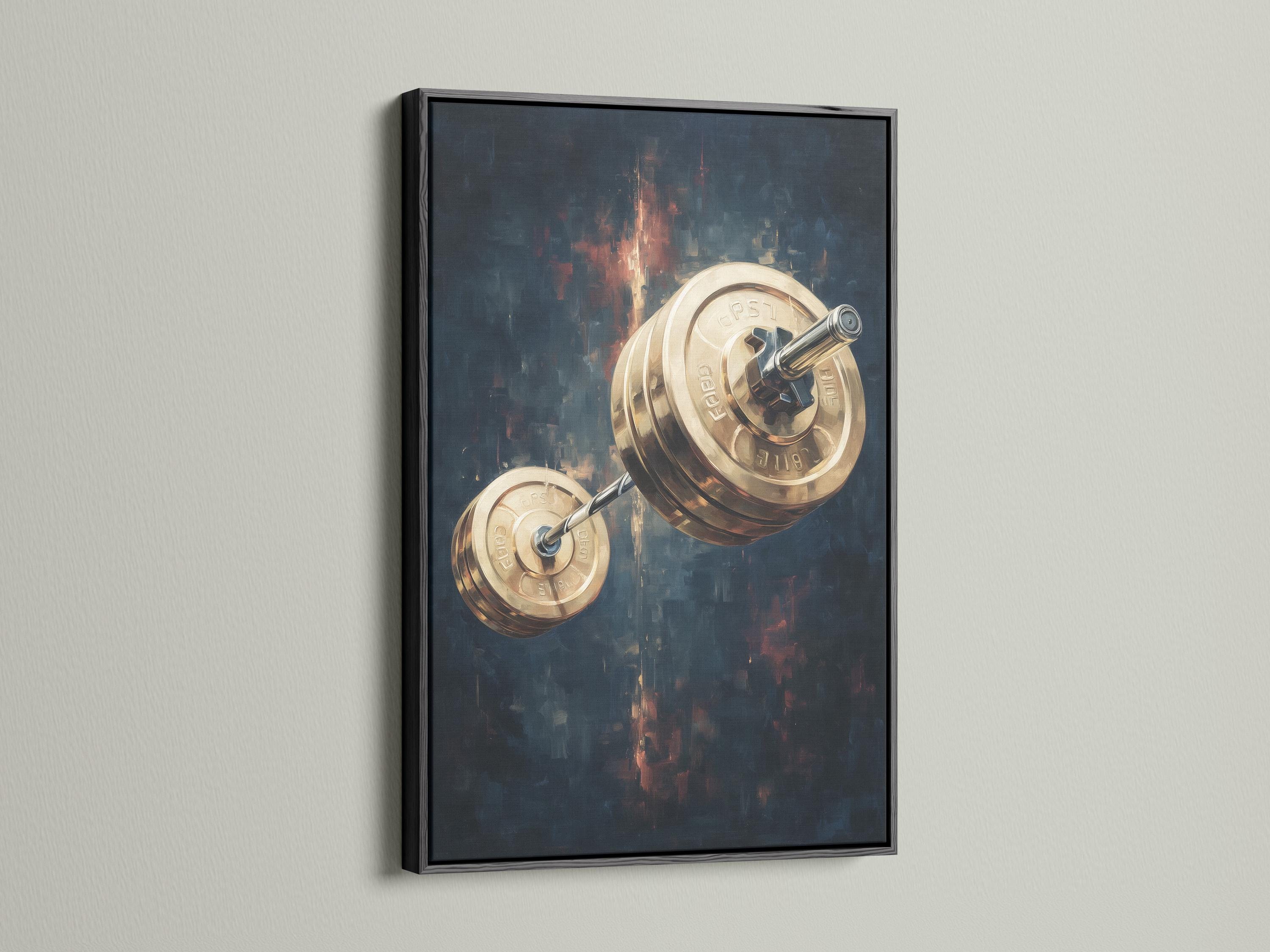 A man standing near a framed gold barbell artwork in a gym-like interior