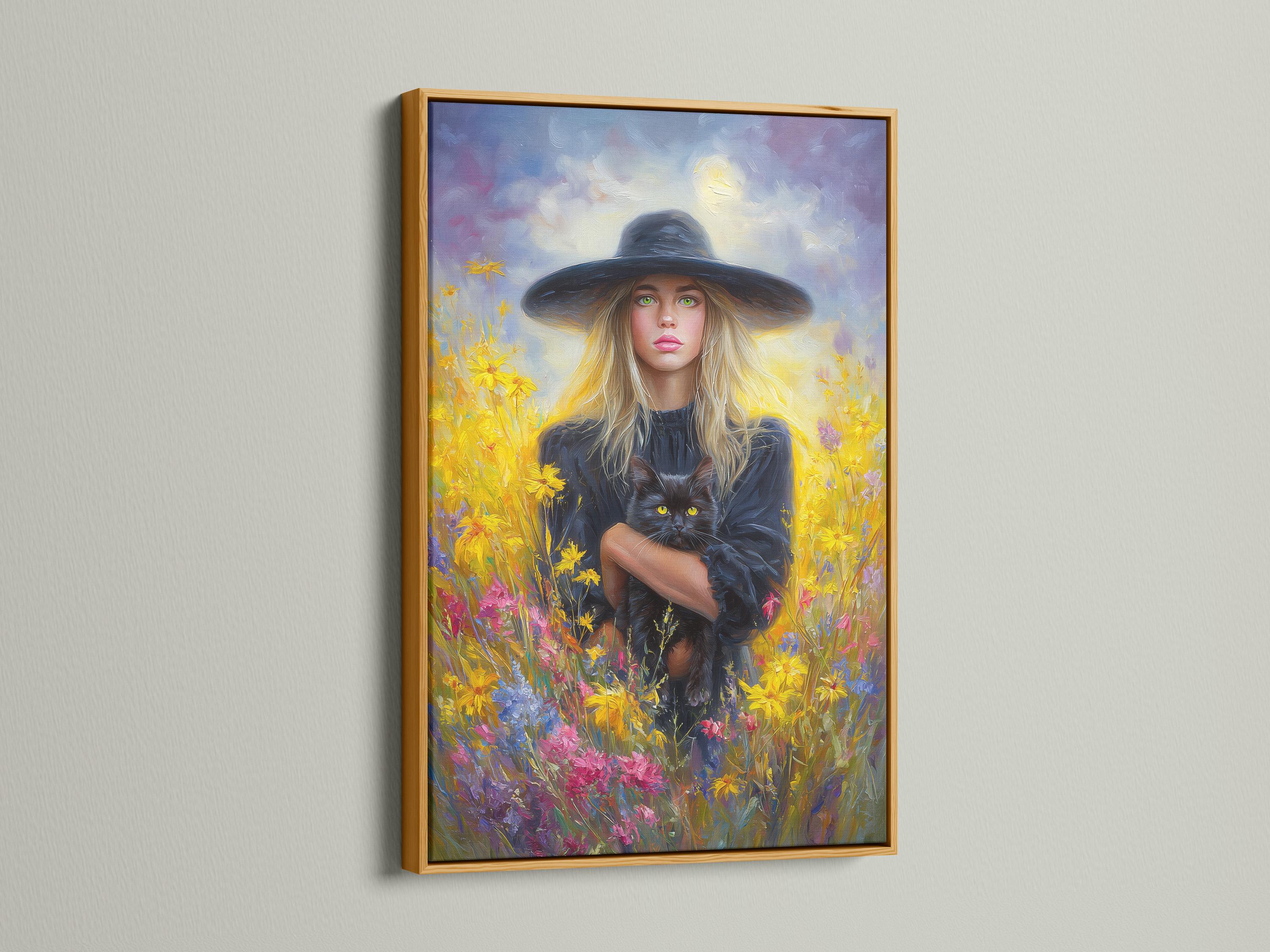 Blonde witch in a wide hat holding a black cat in a field of bright flowers detail view