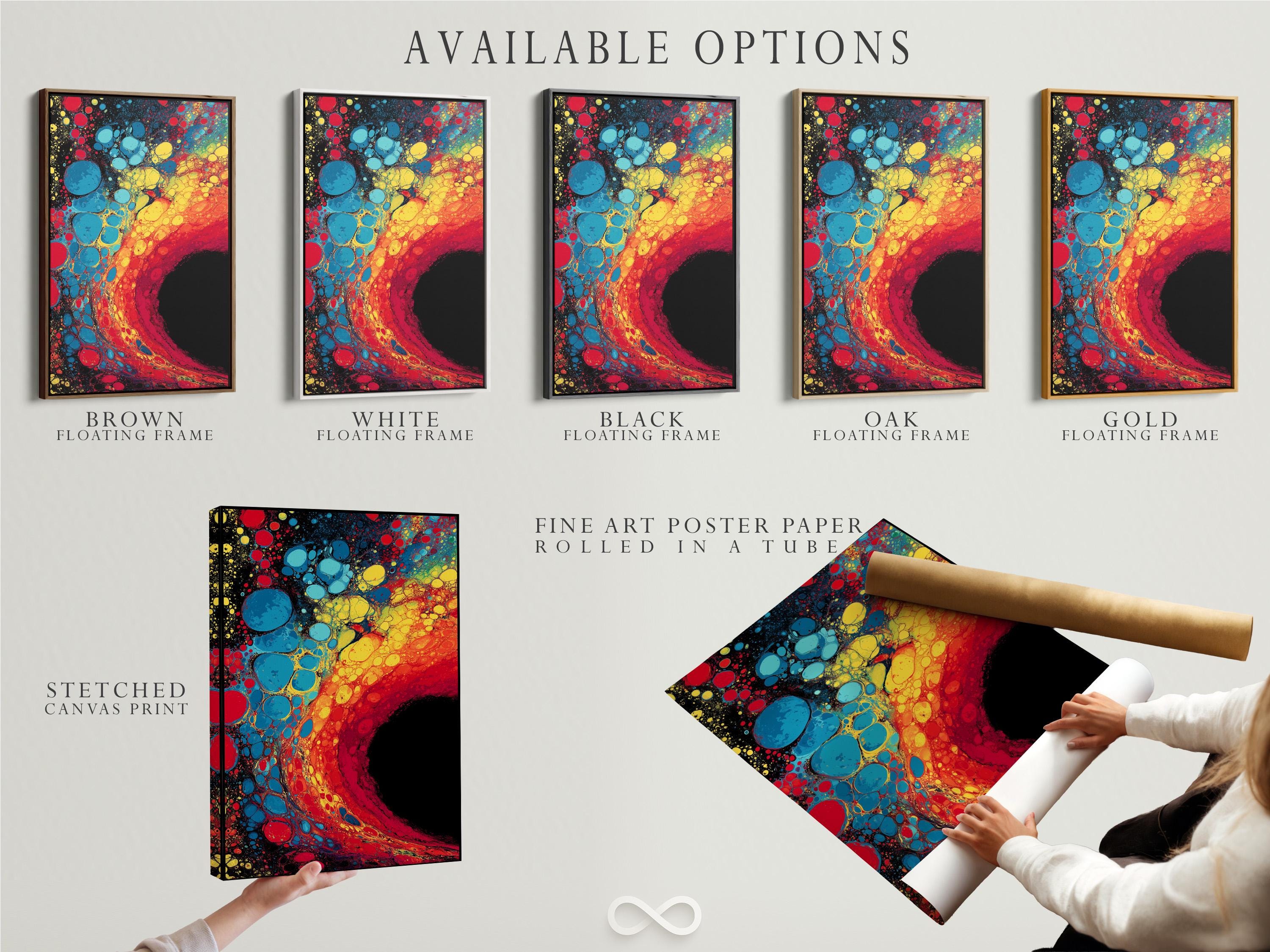 Fluid abstract artwork with red, blue and yellow bubble-like circles on a dark background detail view