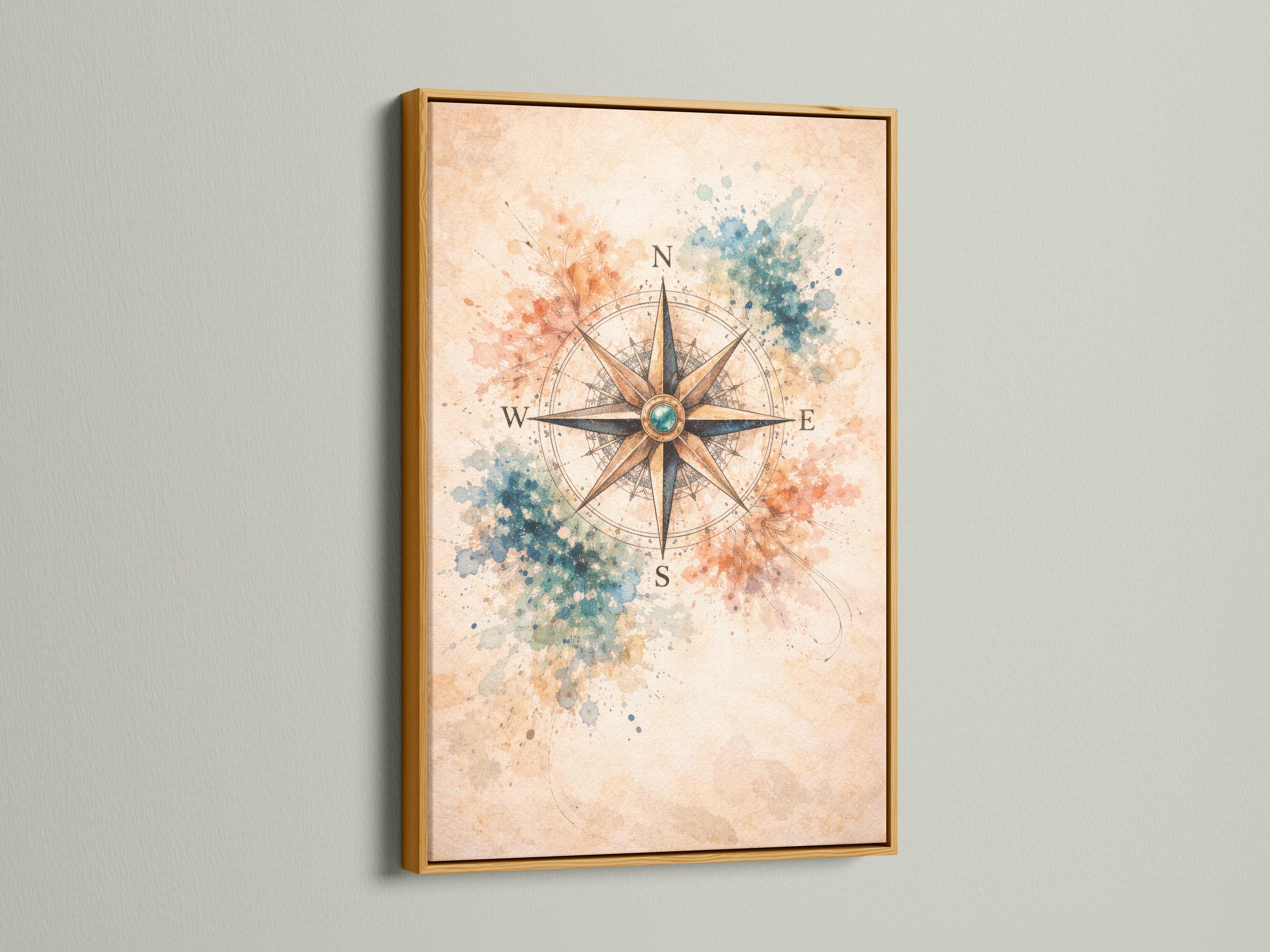 Compass rose with teal centre, directional tips and vintage map linework over cream background detail view