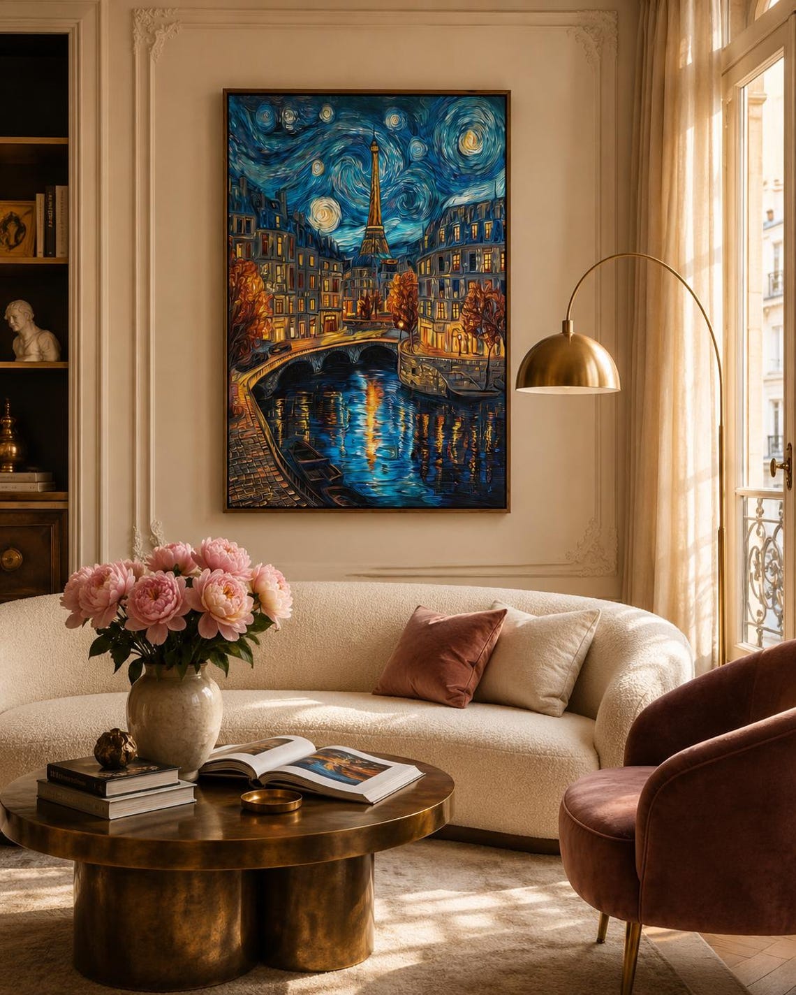 Woman hanging a framed night cityscape painting featuring the Eiffel Tower on a brick wall