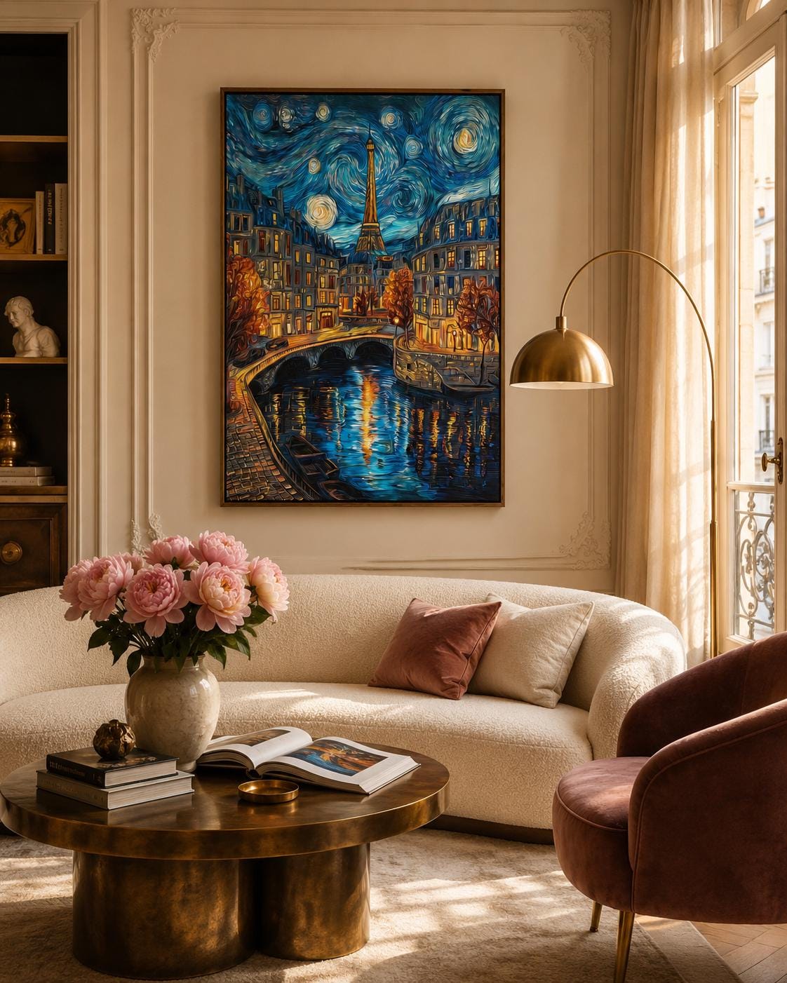 Woman hanging a framed night cityscape painting featuring the Eiffel Tower on a brick wall