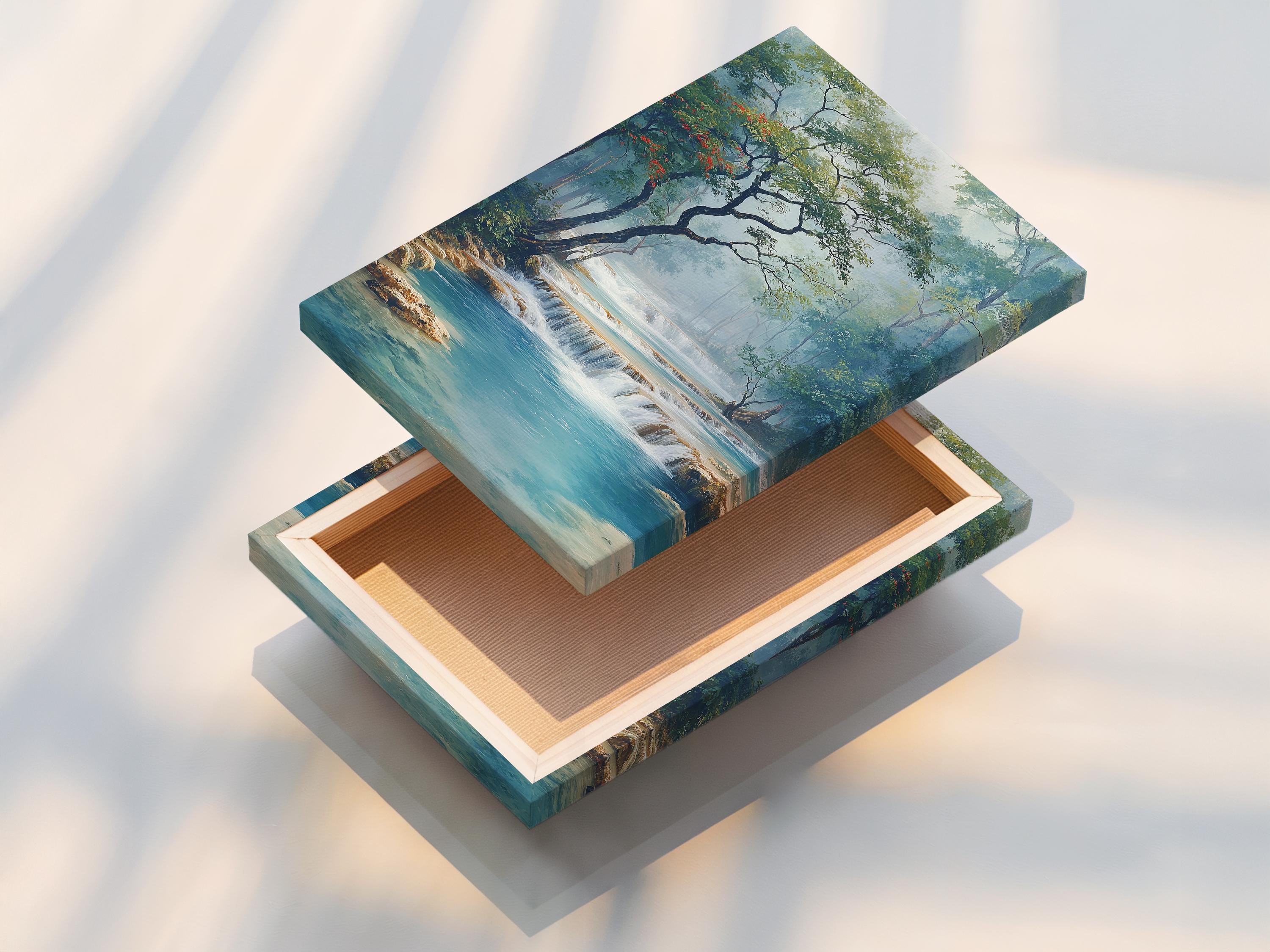 Painterly teal waterfall landscape framed by green trees and red blossoms detail view