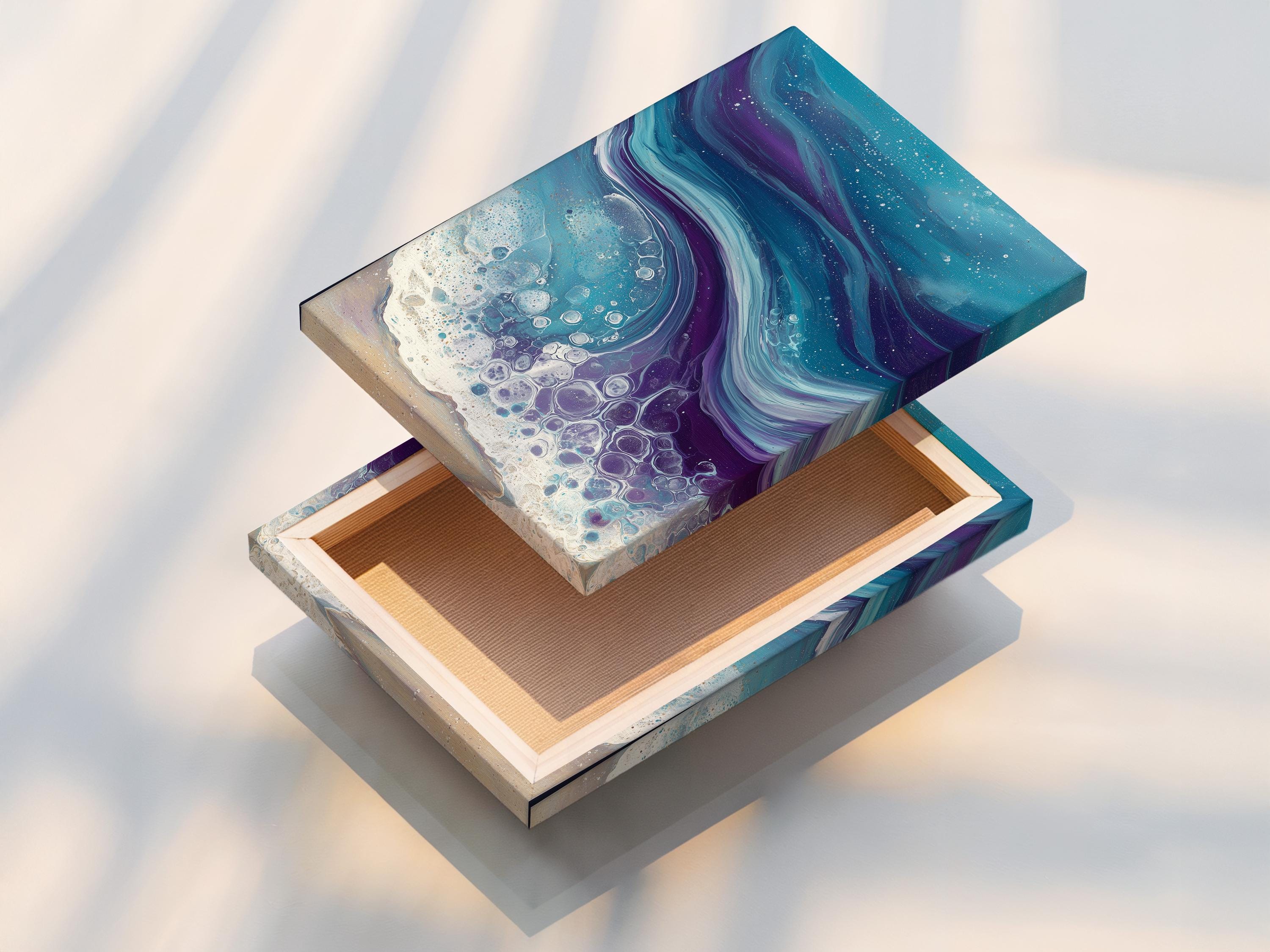 Fluid abstract ocean waves in teal and purple with bubble-like foam highlights detail view